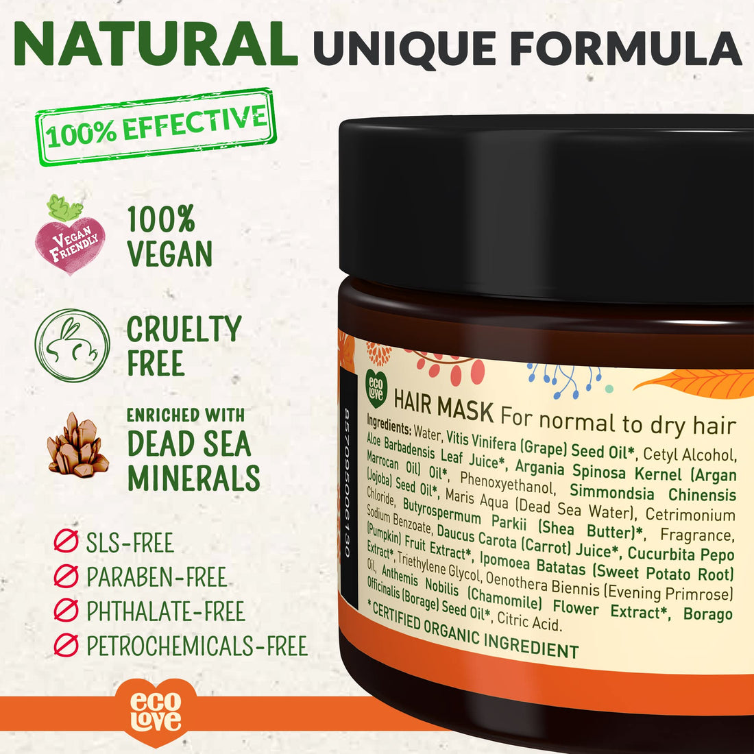 ecoLove Orange Collection Hair Mask for normal to dry hair - Carrots, Pumpkins & Sweet Potatoes. 100% VEGAN (11.8 Oz)