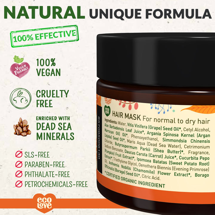ecoLove Orange Collection Hair Mask for normal to dry hair - Carrots, Pumpkins & Sweet Potatoes. 100% VEGAN (11.8 Oz)
