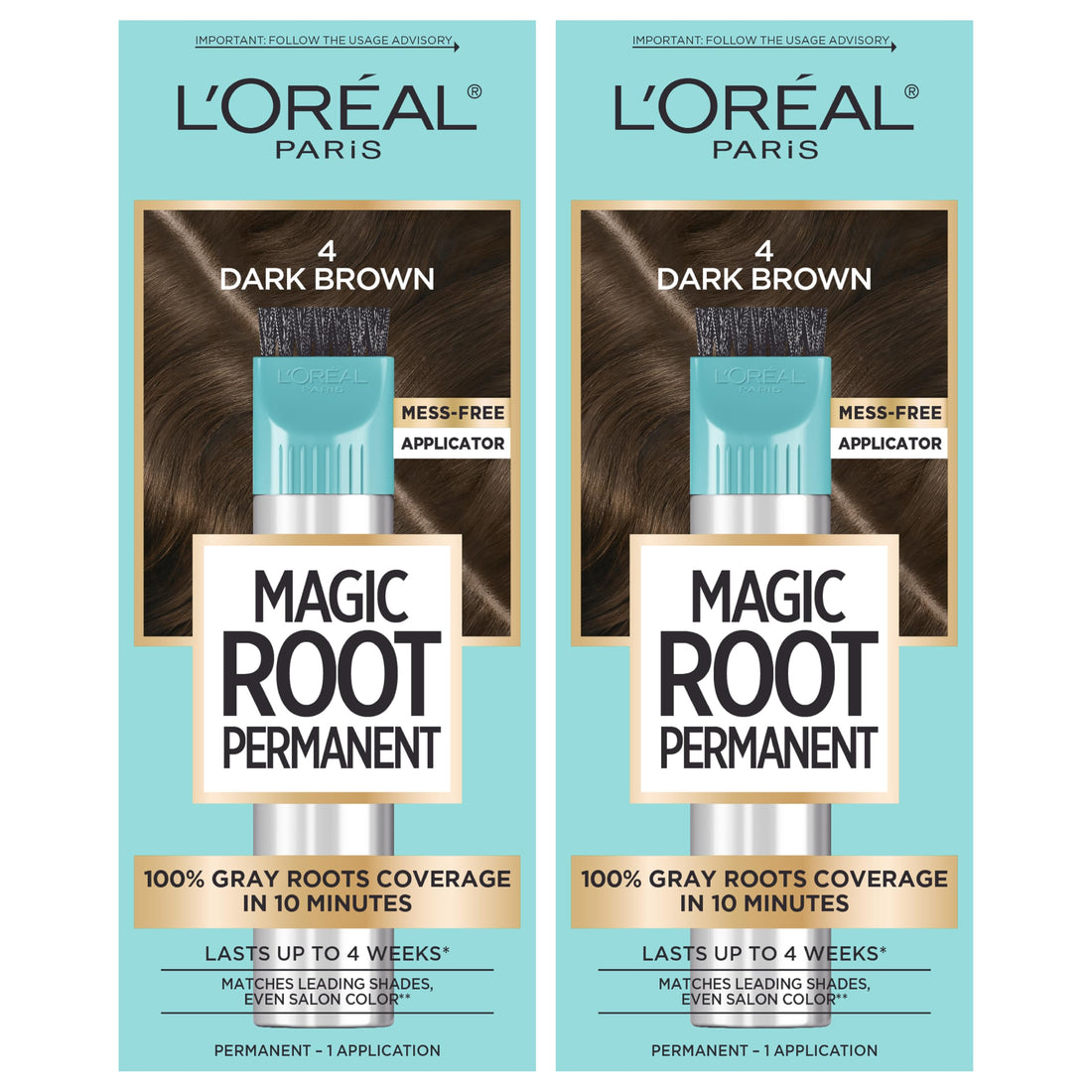 L'Oreal Paris Magic Root Rescue 10 Minute Root Hair Coloring Kit, Permanent Hair Color with Quick Precision Applicator, 100 percent Gray Coverage, 4 Dark Brown, 2 count