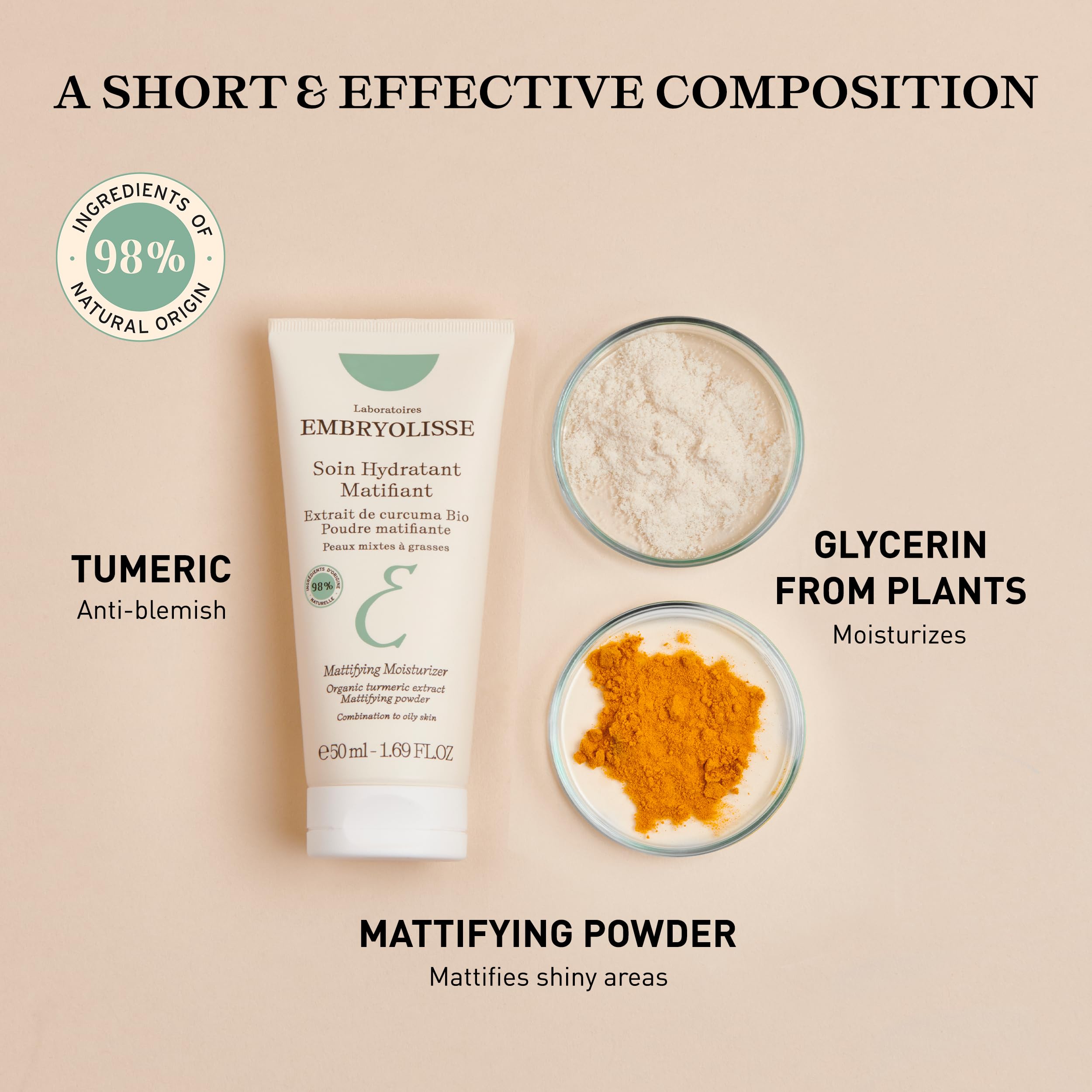Embryolisse Mattifying Moisturizer, Oil-Control Face Cream with Organic Turmeric Extract. Lightweight Hydration, Non-Comedogenic for Oily & Combination Skin, 1.69 fl oz