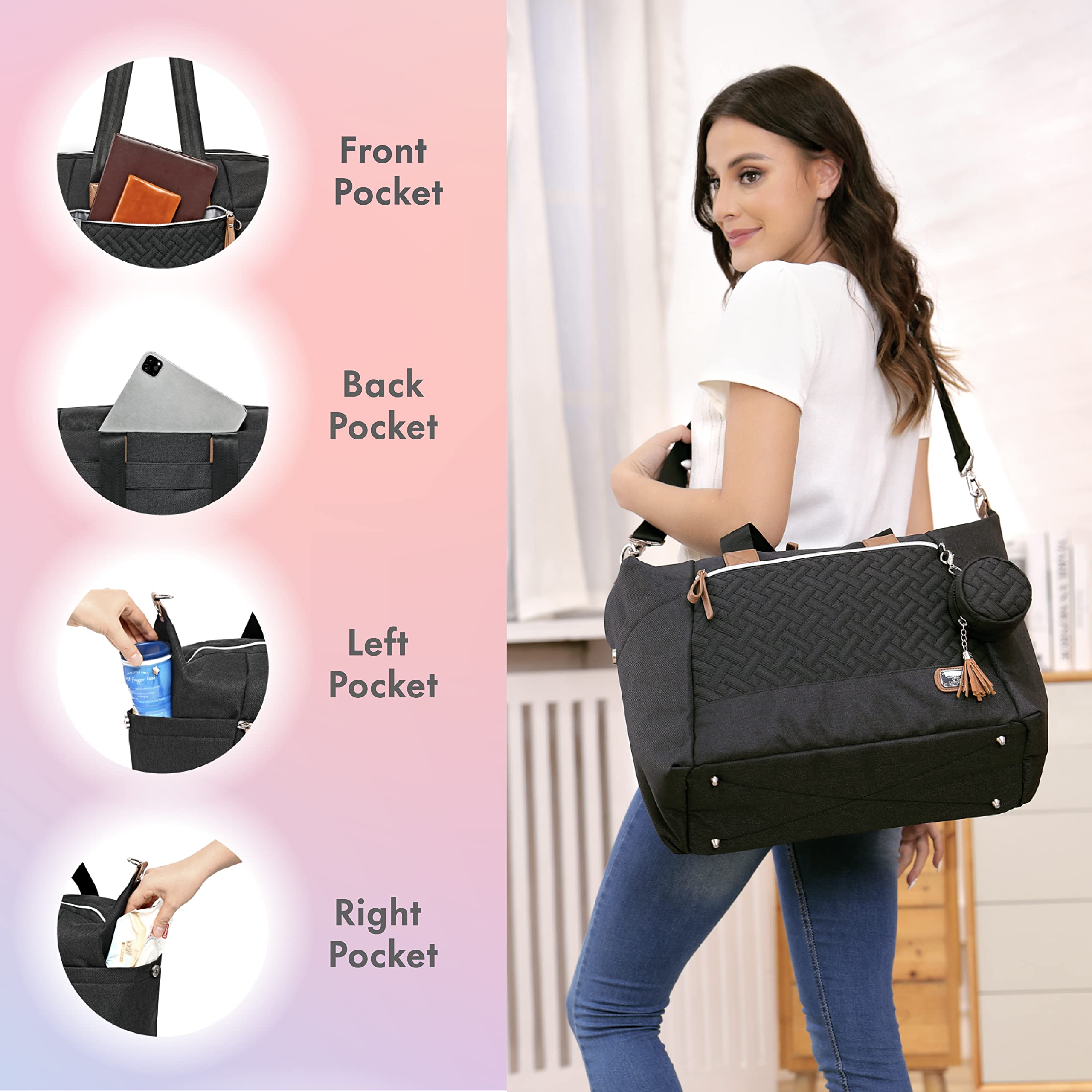 Dikaslon Diaper Bag Tote with Pacifier Case and Changing Pad, Large Travel Diaper Tote for Mom and Dad, Multifunction Baby Bag for Boys and Girls, Black