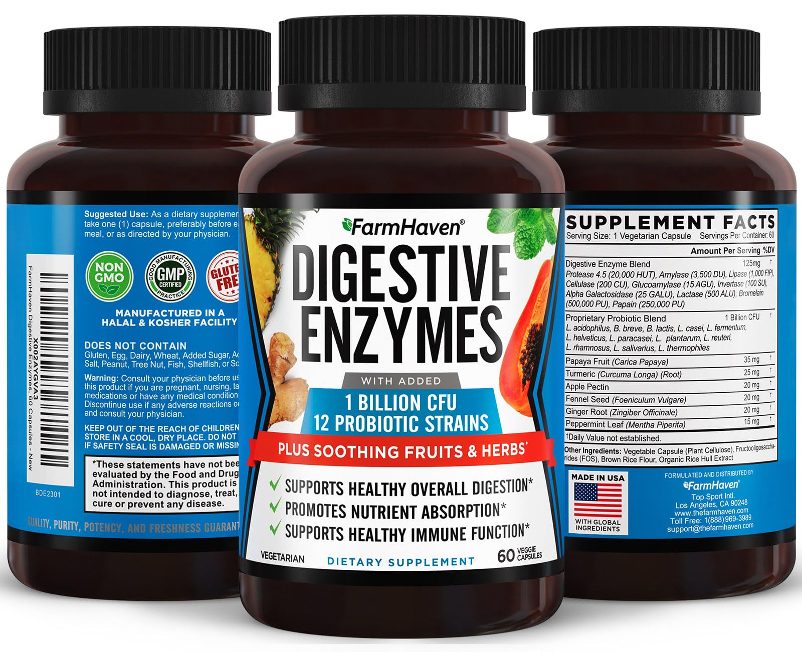 FarmHaven Digestive Enzymes with 18 Probiotics & Herbs | Papaya, Bromelain, Protease & More for Lactose Absorption & Better Digestion | Helps Bloating, Gas, Constipation | Vegetarian, 60 Capsules