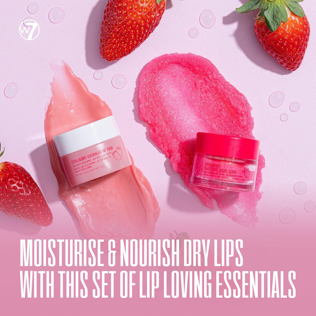 W7 Sweet Dreams Lip Scrub & Overnight Lip Mask Duo - 2 Piece Gift Set - Strawberry Flavour - Exfoliate, Condition, Soothe & Hydrate