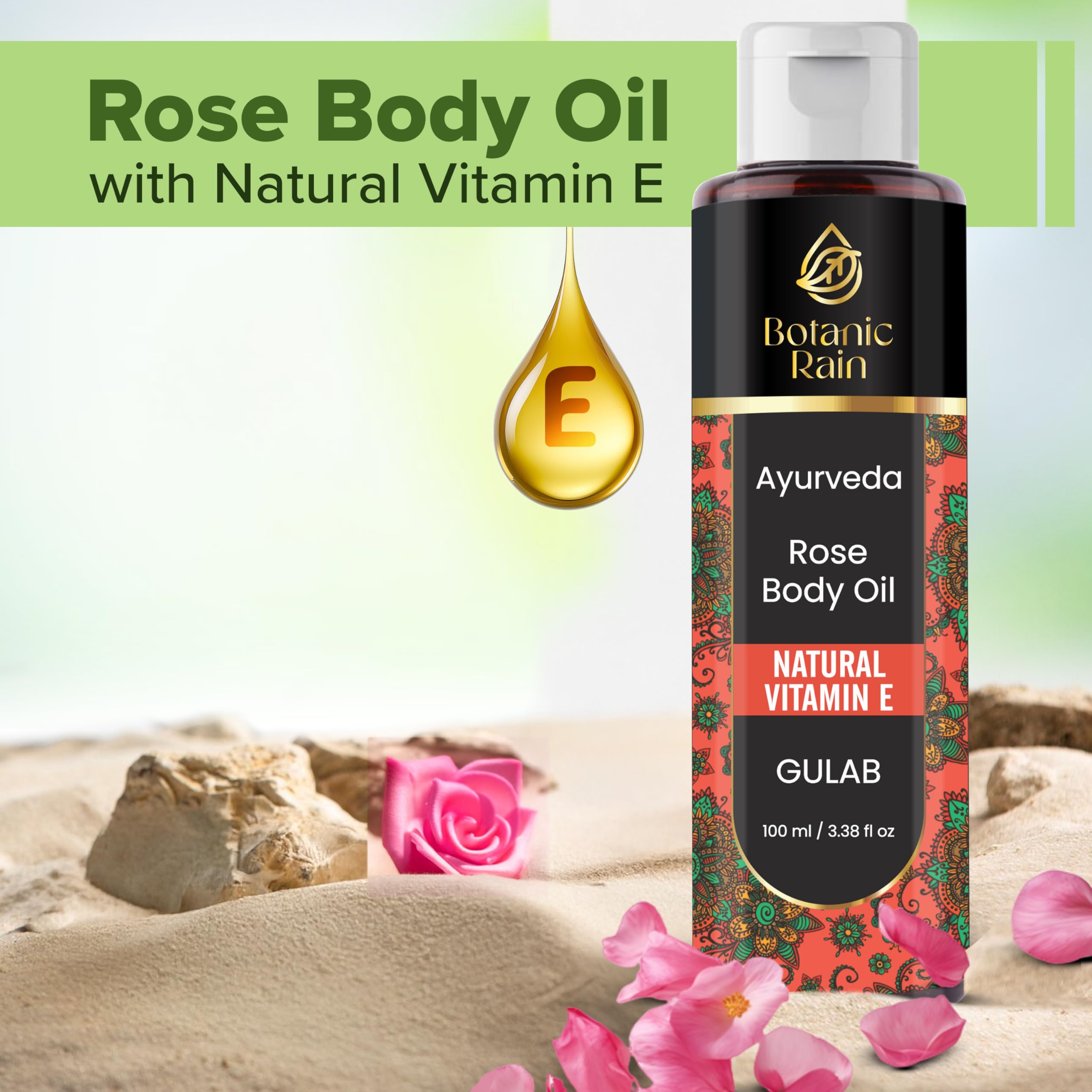 Botanic Rain Ayurveda Rose Body Oil, Moisturizing & Hydrating Organic Vitamin E Oil, Body Oils For Women After Shower, Ayurveda Products For Crepey Skin Repair - 3.38 Fl Oz