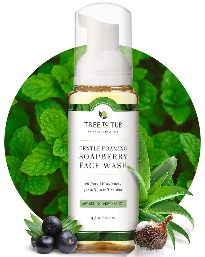 Gentle, Acne Face Wash for Oily Skin. The Only pH 5.5 Balanced Peppermint Foaming Cleanser for Sensitive Skin â€“ Women and Mens Face Wash Made with Organic Wild Soapberries, 4 ozâ€”by Tree To Tub