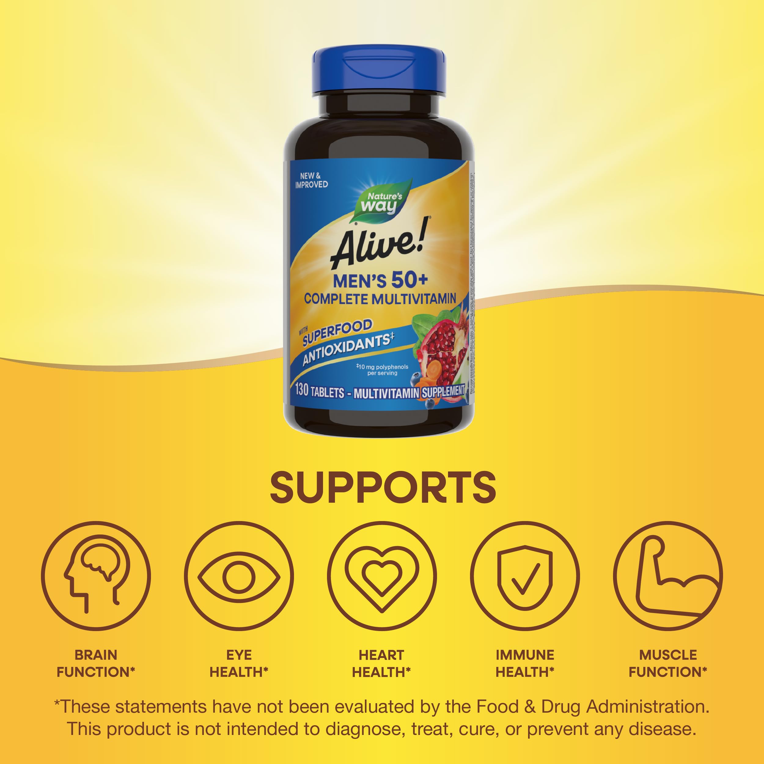 Nature’s Way Alive! Men’s 50+ Complete Multivitamin, Supports Multiple Body Systems*, Supports Cellular Energy*, High Potency B-Vitamins, Gluten-Free, 130 Tablets