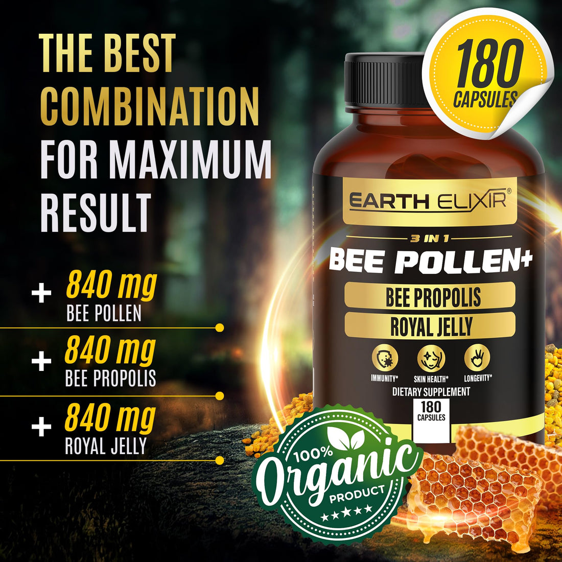 Earth Elixir 3-in-1 Bee Pollen Organic 840mg (180 Caps) W/ 840mg Bee Propolis Capsule & 840mg Royal Jelly Capsule - 3rd Party Tested - Bee Pollen Supplement - Organic Bee Pollen Capsule -No Fillers