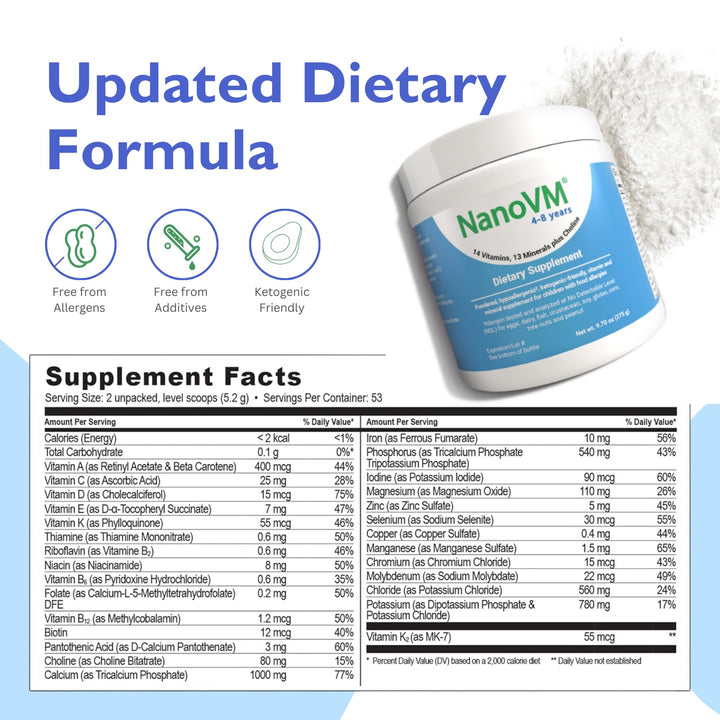 NanoVM 4-8 Years, Allergen-Free Kids Multivitamin, Unflavored Powdered Vitamins, Multivitamin Powder with 14 Vitamins & 13 Minerals, Low-Carbohydrate Vitamin Supplements, 275g - Solace Nutrition