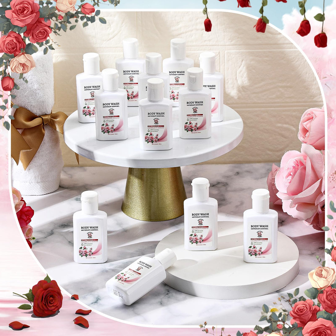 Swiffen 12 Pack Travel Size Body Wash Bulk 1 oz Mini Moisturizing Body Wash for Women Men Coworker Birthday Christmas Mothers Day Teacher Nurse Gift (Rose)