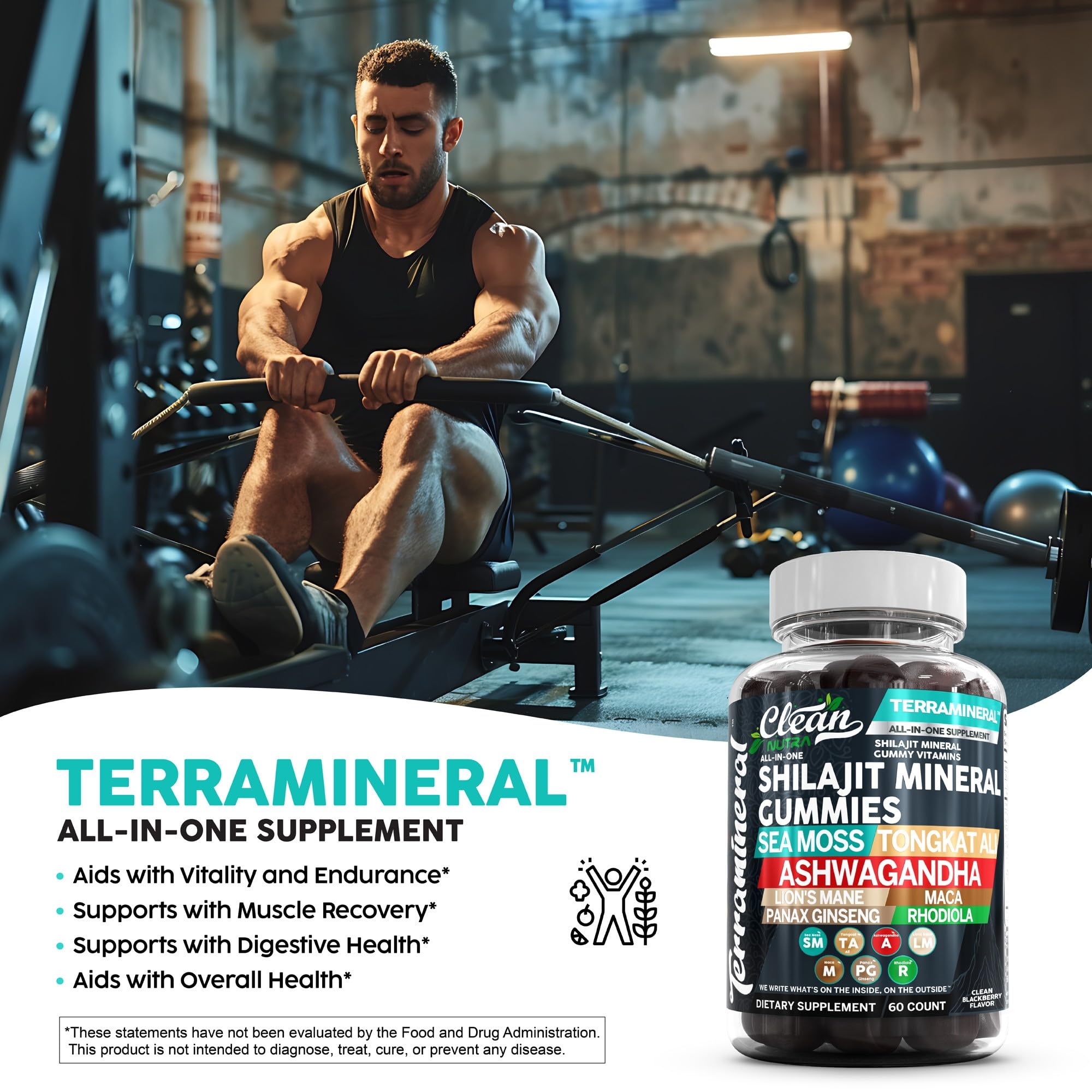 Terramineral Shilajit Gummies with Irish Sea Moss Tongkat Ali Ashwagandha Lion's Mane MACA Panax Ginseng Rhodiola & Cordyceps by Clean Nutra (1)