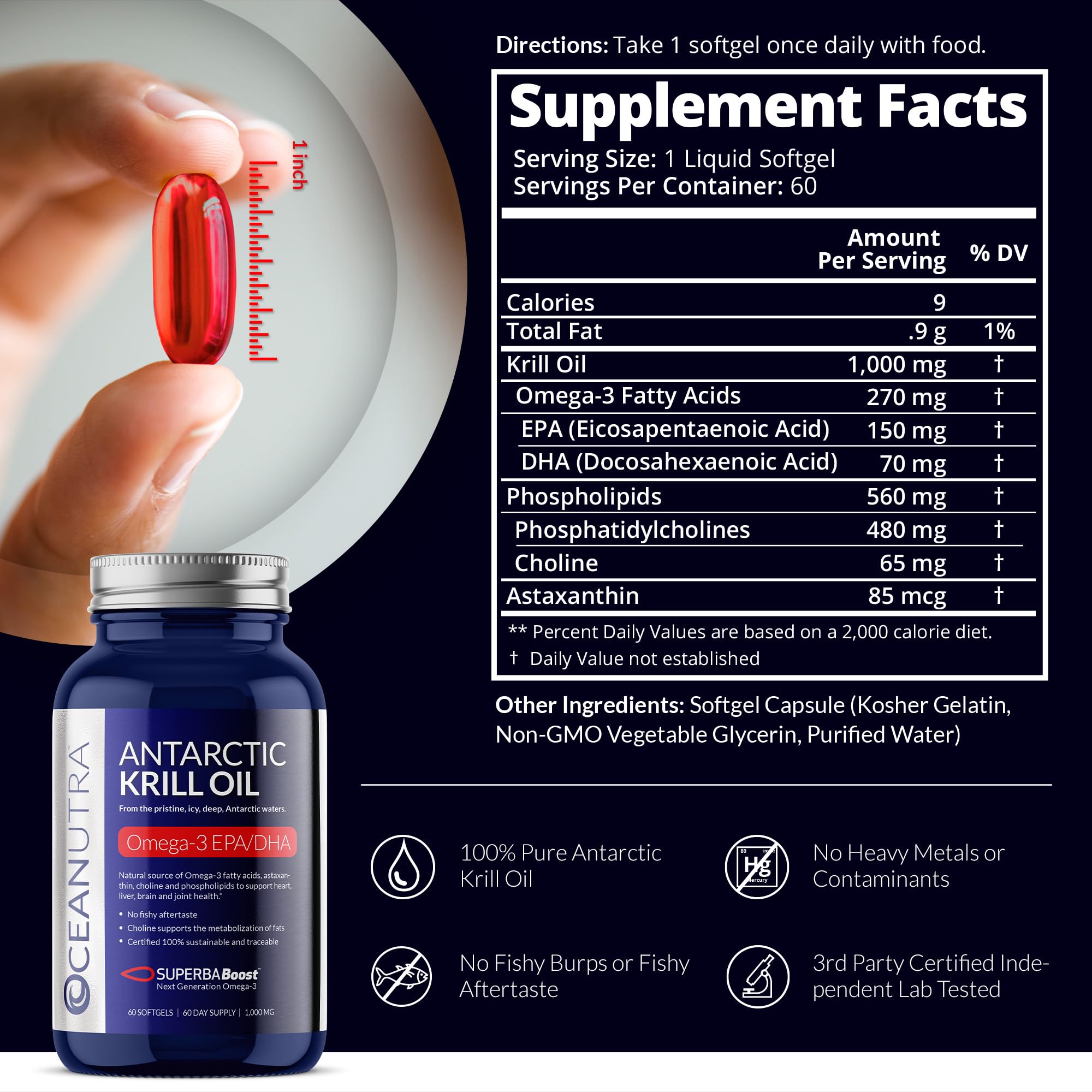 100% Pure Organic Krill Oil 1000mg, 60-Day, Omega 3, Highest Concentration 56% Phospholipids, Wild Caught, Sustainable Antarctic SuperbaBoost, Astaxanthin,Omega xl, Heart, Joint, Skin Care,No Fish Oil