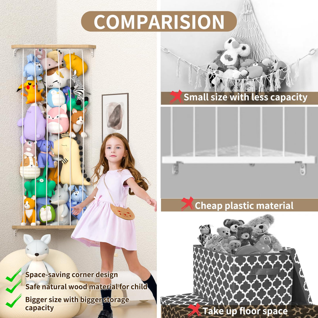 Zayysoha Stuffed Animal Storage Wood Corner Toy Plush Storage Hammock Hanging Storage Net, Toy Organizer Shelf for Nursery Playroom Bedroom Kid Room