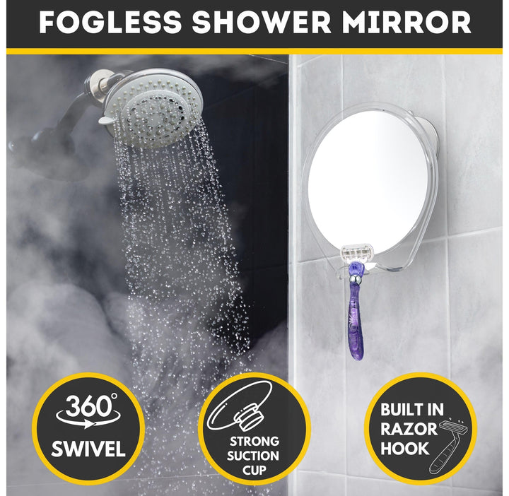 HONEYBULL Shower Mirror Fogless for Shaving - with Suction, Razor Holder for Shower & Swivel, Small Mirror, Shower Accessories, Bathroom Mirror, Bathroom Accessories, Holds Razors (White)