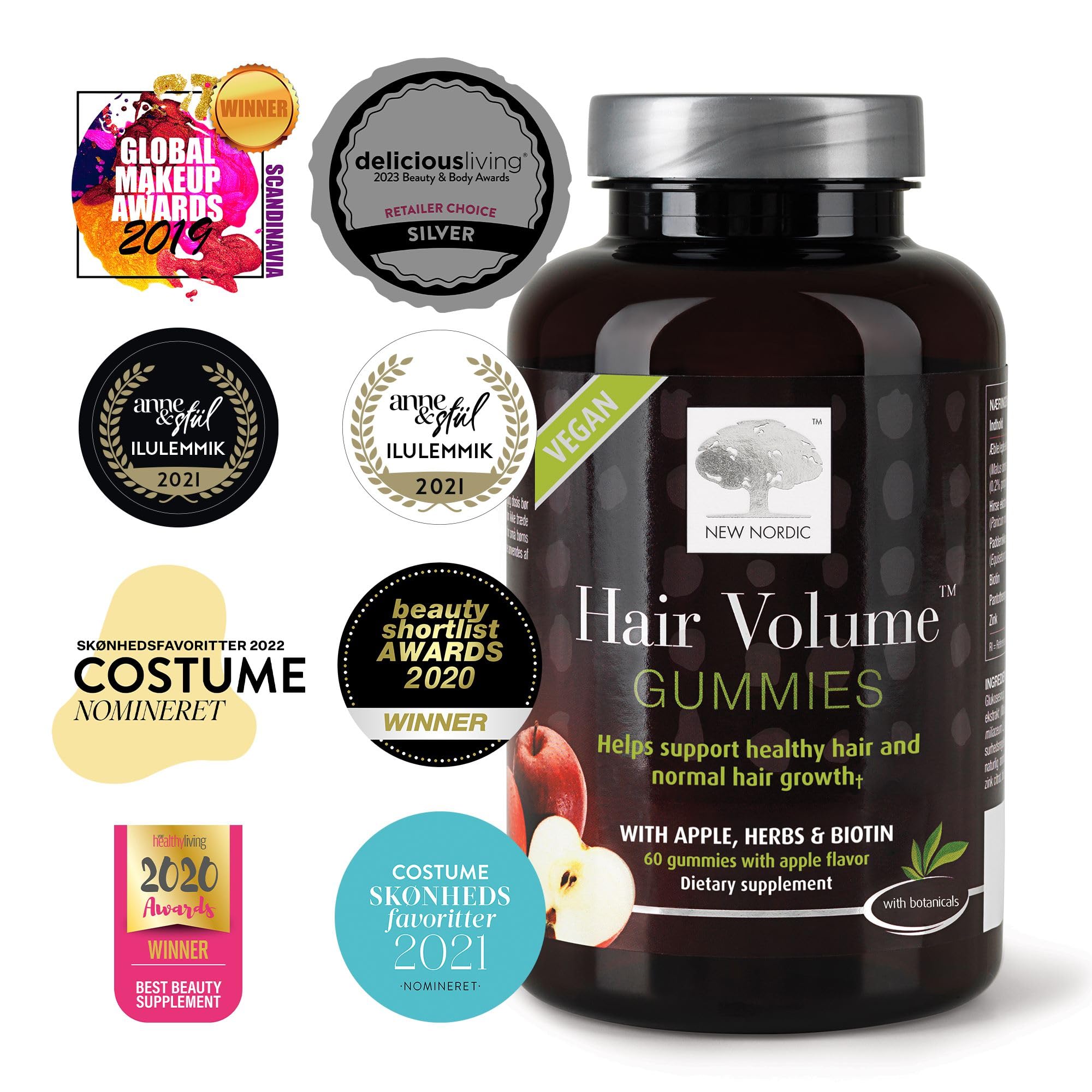 NEW NORDIC Hair Volume Gummies, 2500 mcg Biotin, Daily Hair Vitamins Supplement to Support Hair Skin & Nails, Vegan, 60 Count (Pack of 1)