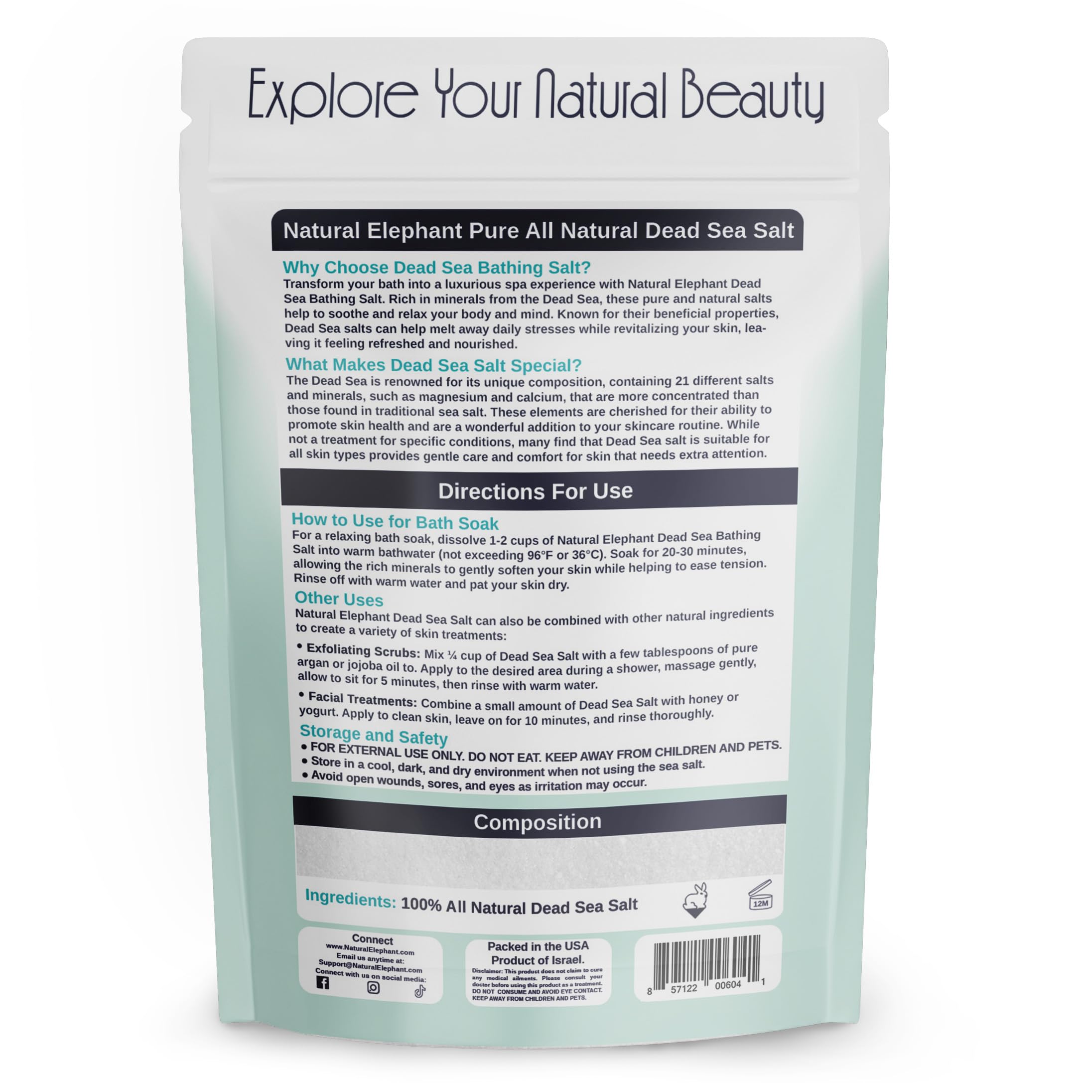 Natural Elephant Dead Sea Salt 100% Natural & Pure 1 lb, 2 lb, 5 lb, 10 lb Bag Fine Grain for Psoriasis Eczema Acne & other Dermatological Needs, 1 lb, 450 g