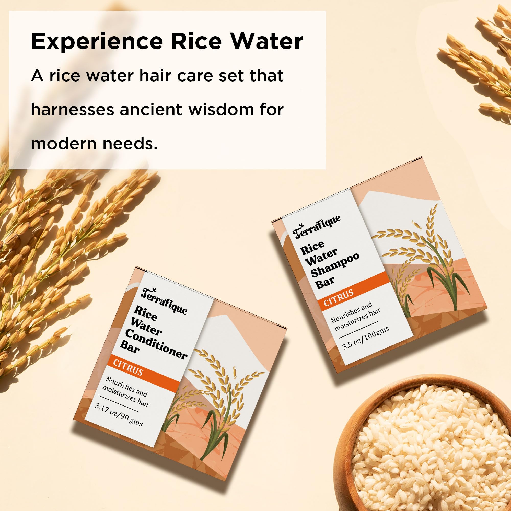 Terrafique Rice Water Shampoo and Conditioner Bar - Hair Care Set - Travel Friendly - 3.17 Oz