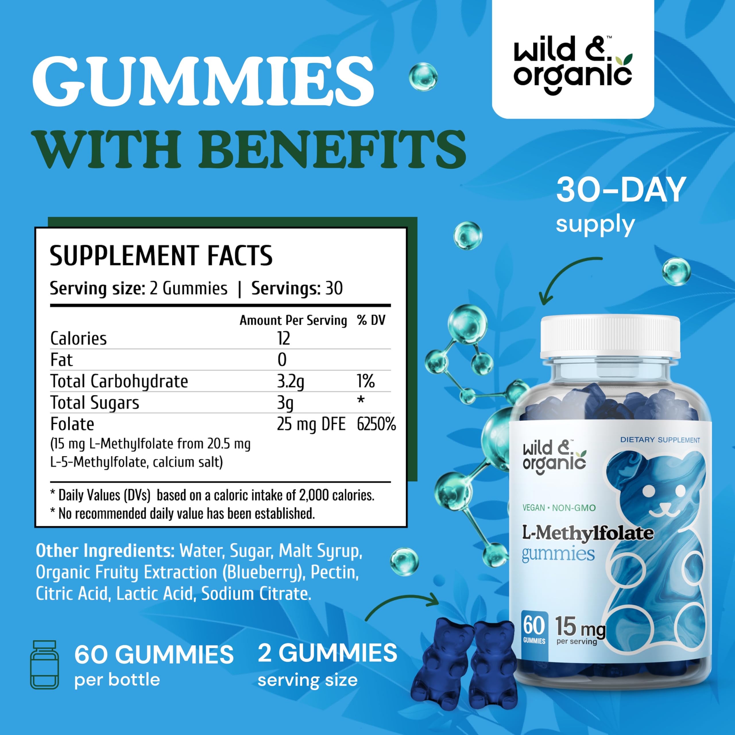 Wild & Organic L-Methylfolate 15mg Gummies - Mood & Brain Support - Folate 5-MTHF Supplement for Brain, Focus, Clarity - Folate Supplement w/Vitamin B9-60 Non-GMO L Methylfolate Gummies