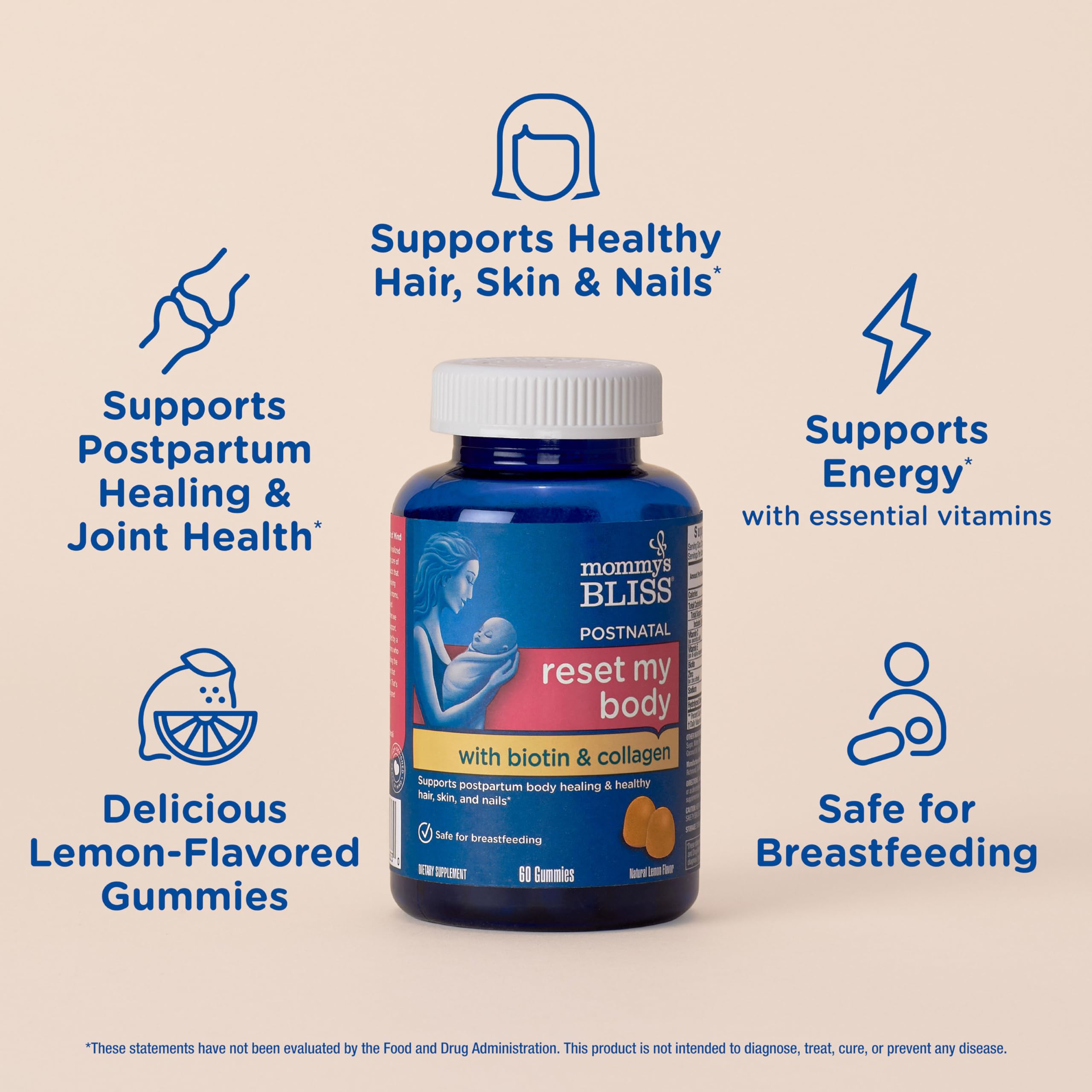 Mommy's Bliss Postnatal Support Reset My Body Gummies with Biotin & Collagen, Supports Postpartum Energy, Healing & Joint Health + Hair, Skin & Nails Health, Gluten Free, 60 Gummies (30 Servings)