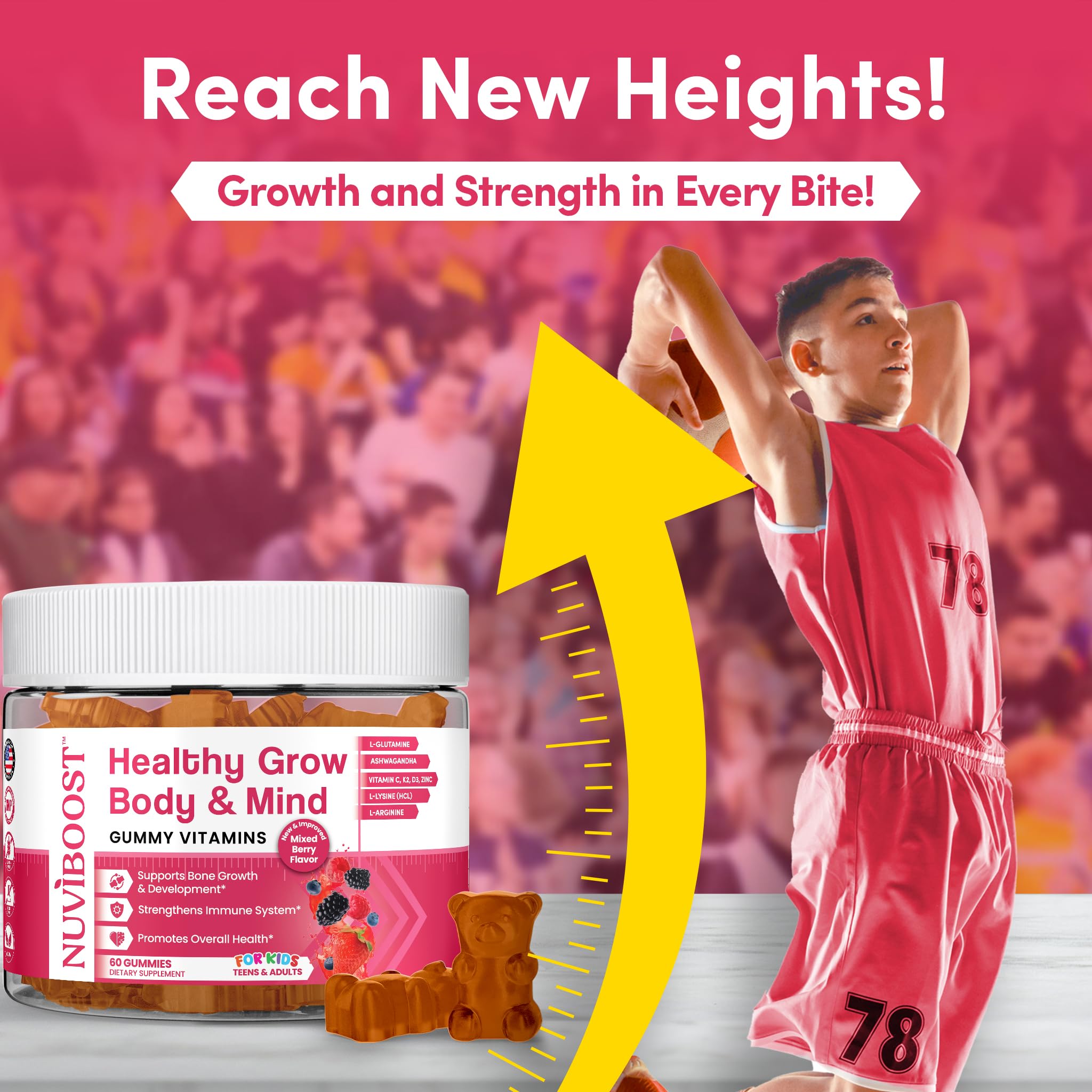 NUVIBOOST Healthy Grow Height Growth Gummies Rich in Calcium, Vitamins C, D3, K2, L-Arginine, Ashwagandha, and Others, Boost Bone Health & Immunity, Multivitamin, for Kids 5+, Teens and Adults.