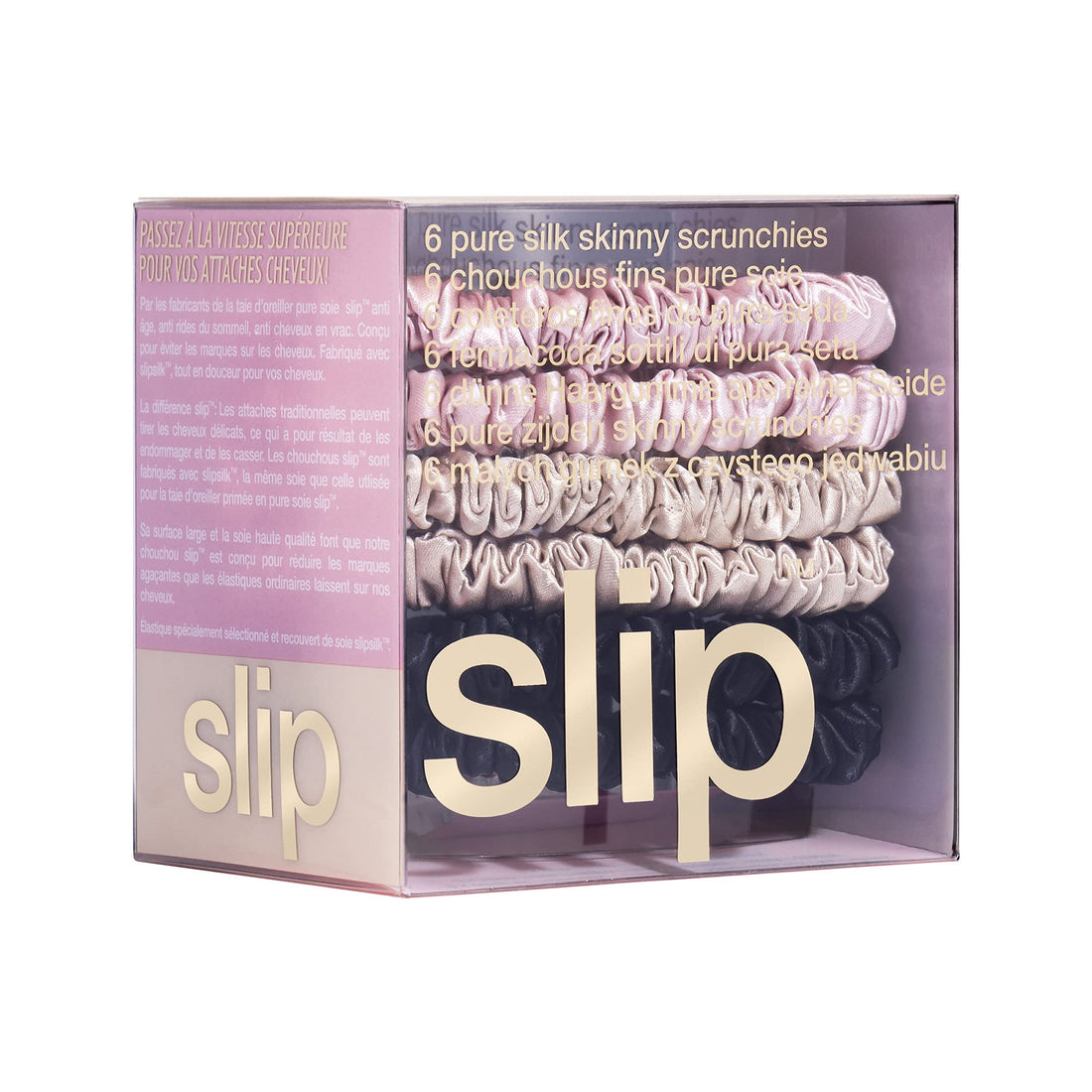 Slip Silk Skinnies Scrunchie Set - Black, Pink, Caramel - Slipsilk Pure Mulberry 22 Momme Silk Hair Tie, Designed to be Gentle & Avoid Hair Crease (6 Scrunchies)