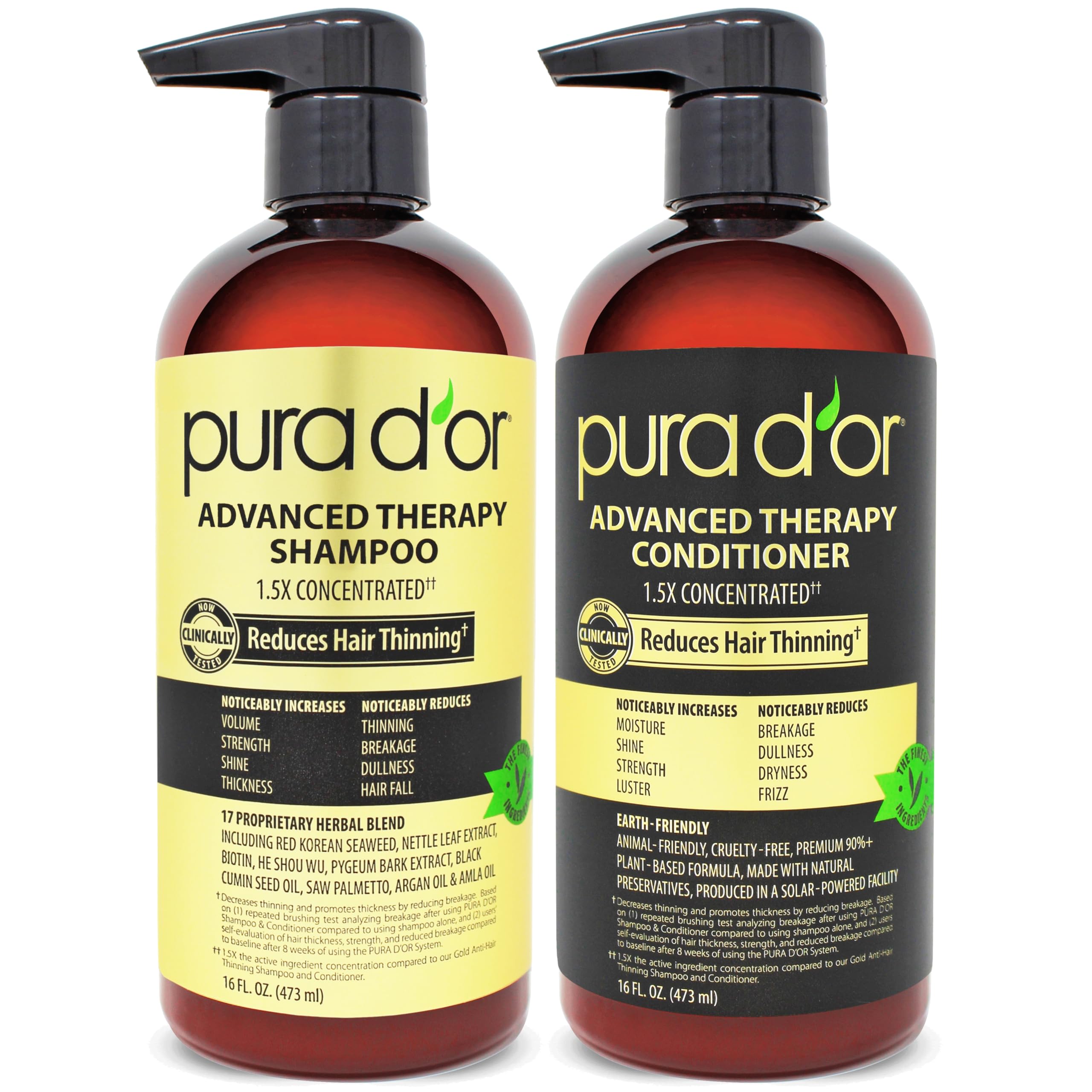 PURA D'OR Advanced Therapy Biotin Shampoo & Conditioner Hair Care Set For Hair Thinning, CLINICALLY TESTED Effective Results, Herbal Hair Thickening Products For Women & Men, 16oz x2