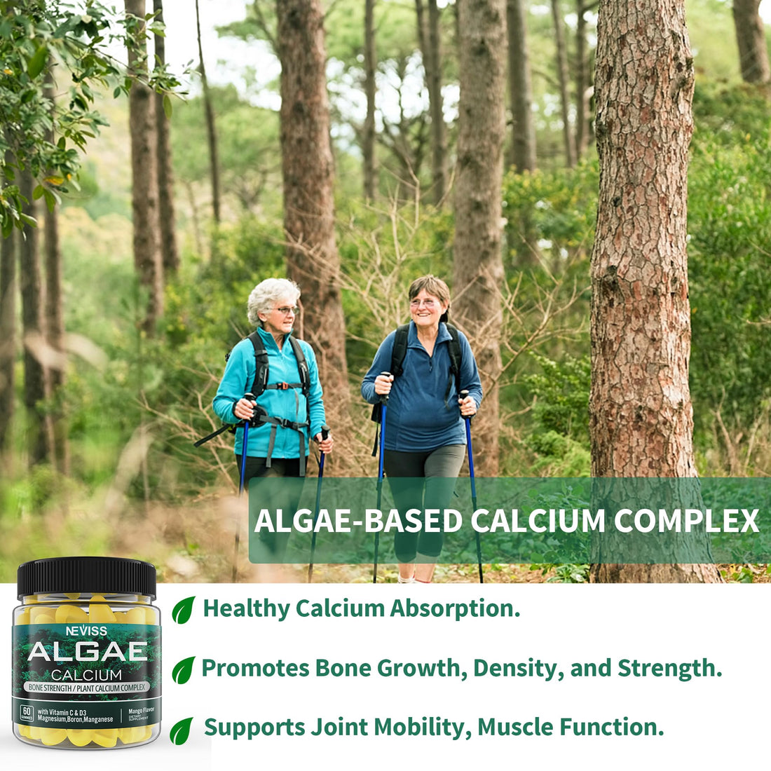 Algae Calcium Gummies 600mg with Vitamin D3, C, Magnesium, Boron, Manganese, Plant-Based Calcium Supplement for Bone Health & Strength, Minerals Complex, Gentle Digestion, Sugar Free, Vegan, 60 Counts