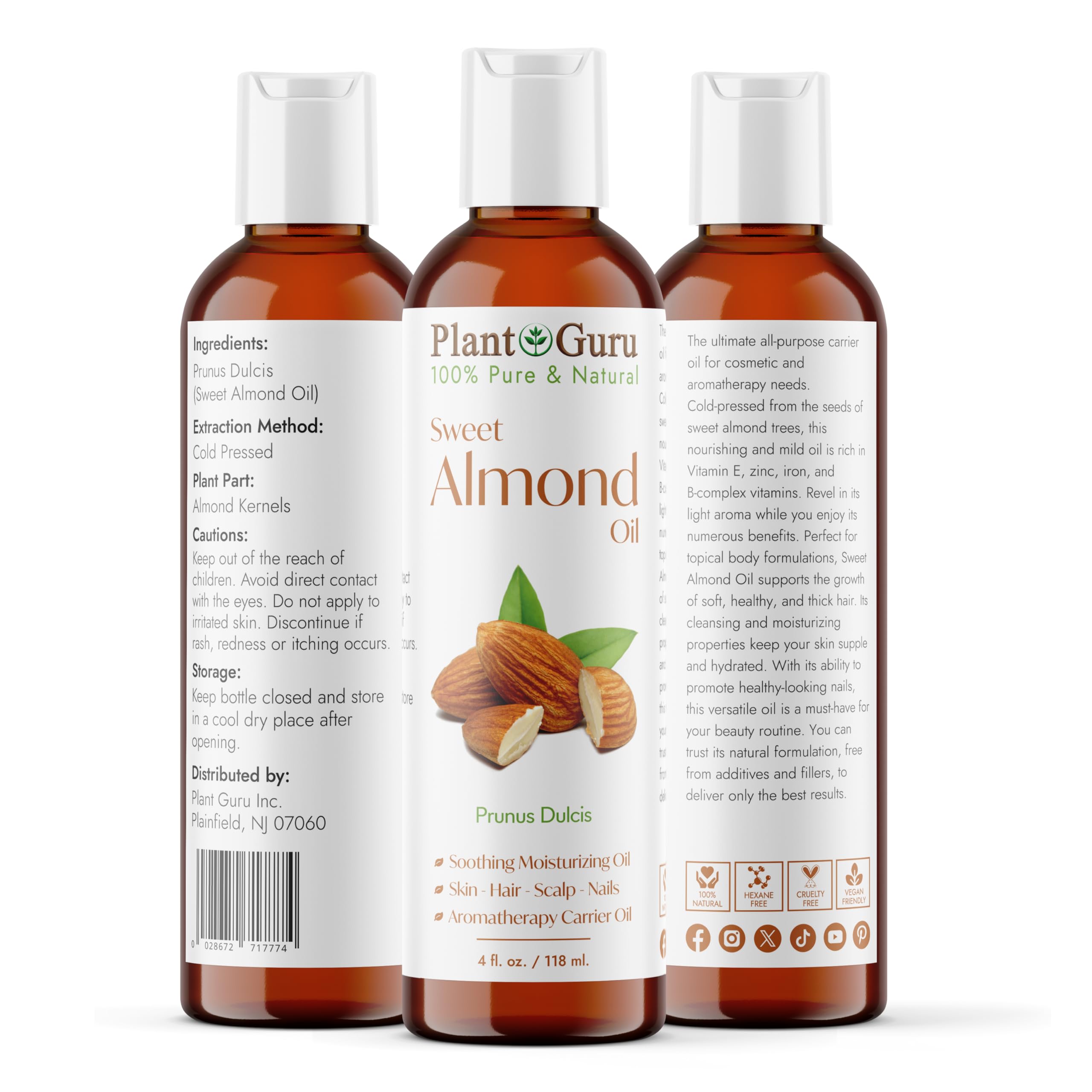 Sweet Almond Oil 4 fl. oz. Cold Pressed Carrier 100% Pure Natural For Skin, Body, Face, and Hair Growth Moisturizer. Great For Creams, Lotions, Lip balm and Soap Making