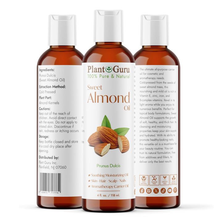 Sweet Almond Oil 4 fl. oz. Cold Pressed Carrier 100% Pure Natural For Skin, Body, Face, and Hair Growth Moisturizer. Great For Creams, Lotions, Lip balm and Soap Making
