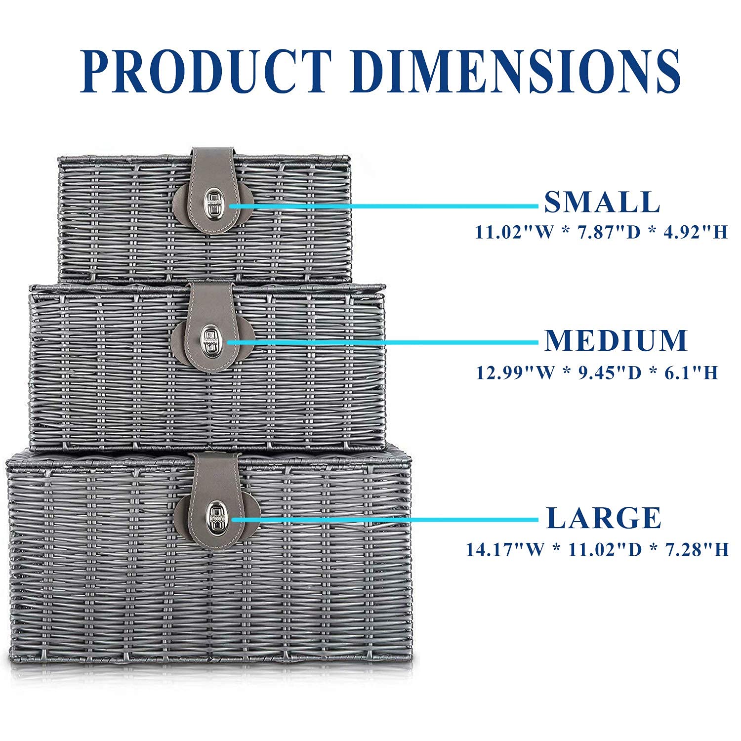 Homepeaz Set of 3 Woven Storage Basket Bin Wicker Hamper Stackable Box with Lid & Lock, Container Tote Cube Organizer for Nursery, Baby Toiletry, Diaper, Toys, Home Closet, Laundry, DVD, Book (Grey)