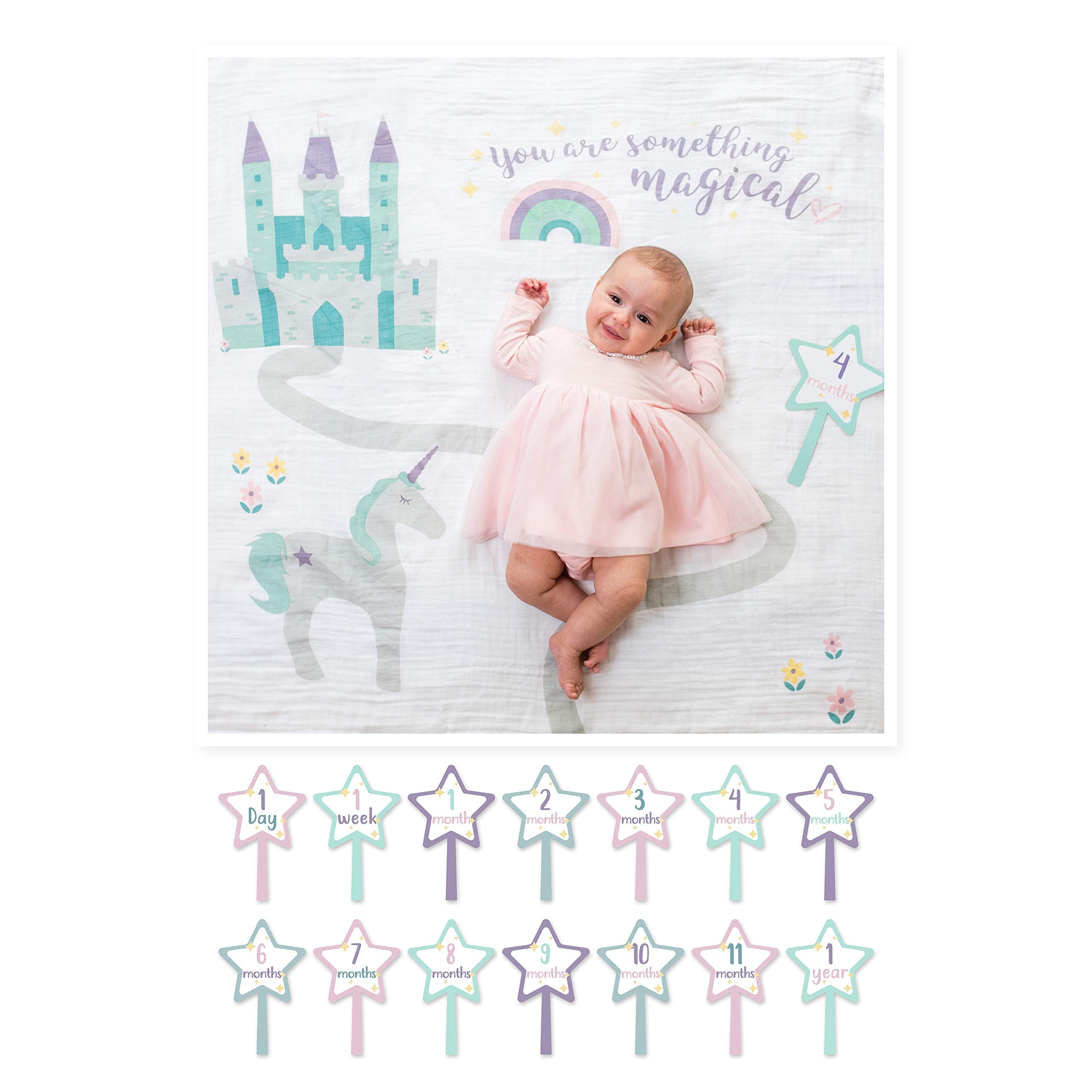 lulujo Baby’s First Year Milestone Blanket and Card Set | 40in x 40in (Something Magical)