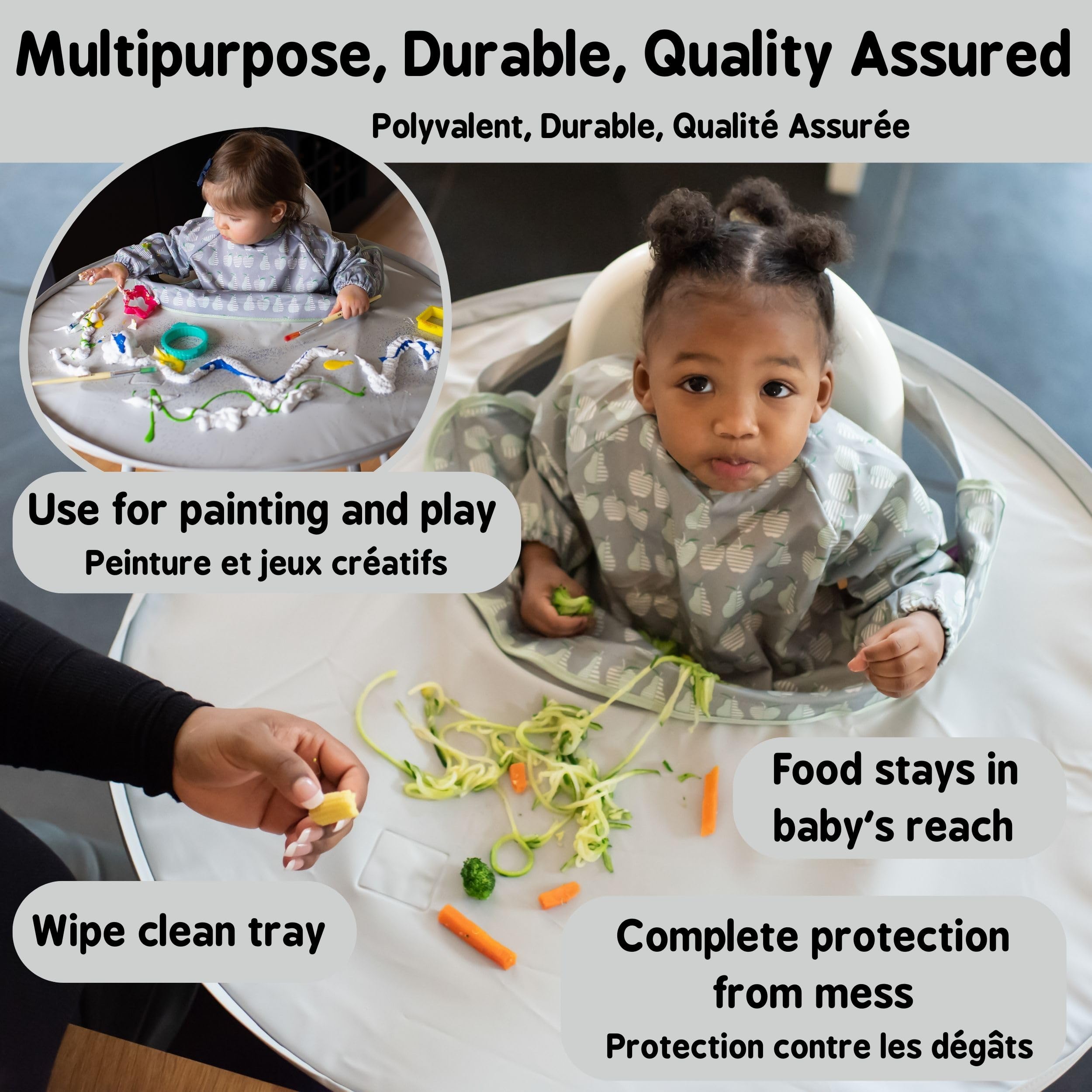 Tidy Tot- Baby Bib & Tray Kit - Mess Proof Long Sleeve Smock Attaches to Feeding Mat - Waterproof Bib – Machine Washable. Fits Babies and Toddlers 6-24 months - Grey