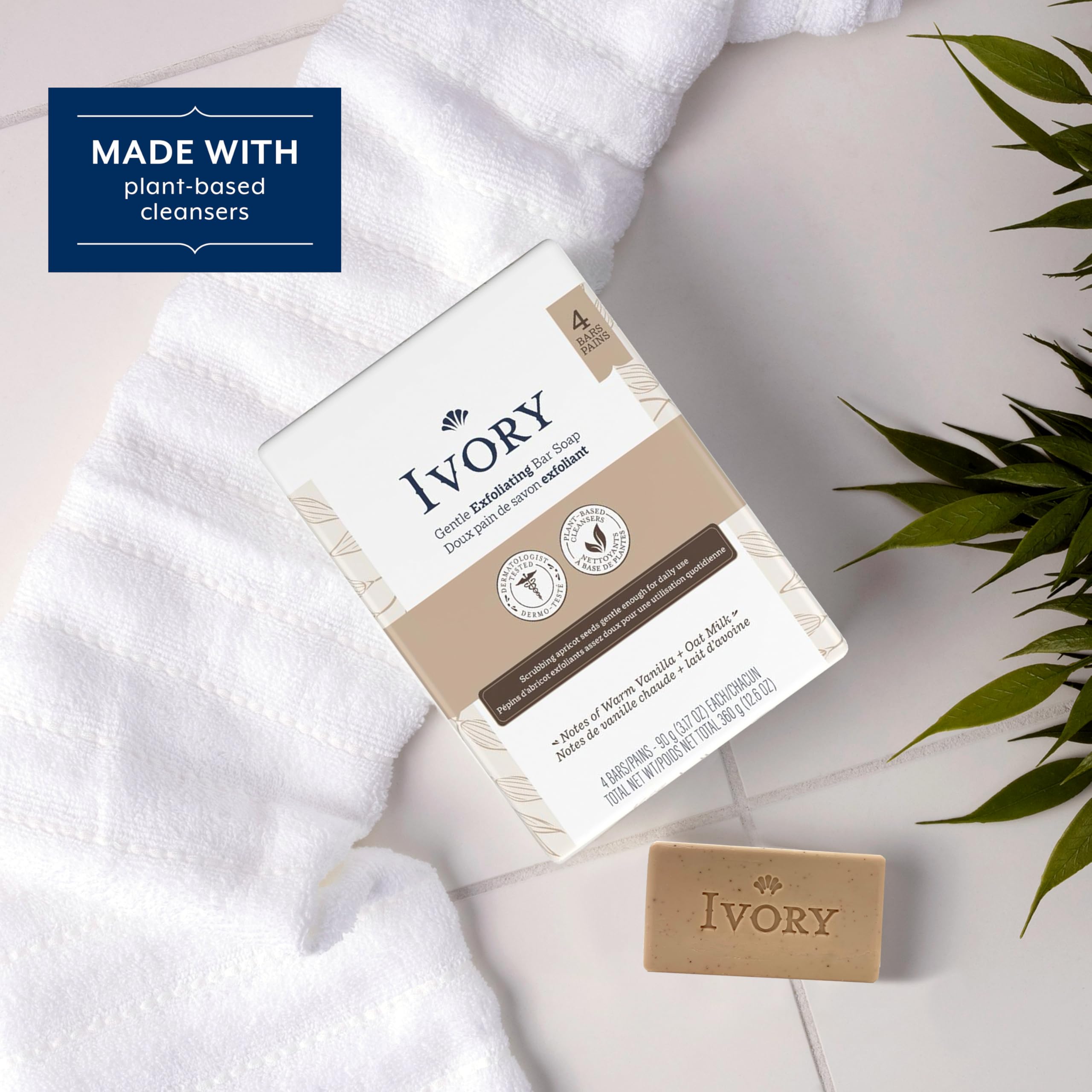 Ivory Exfoliating Bath Bar Soap, Designed for Whole Family with Plant-Based Cleansers, Made Without Heavy Perfumes, Parabens or Phthalates, Warm Vanilla + Oat Milk Scent, 3.17 oz (4 Count)