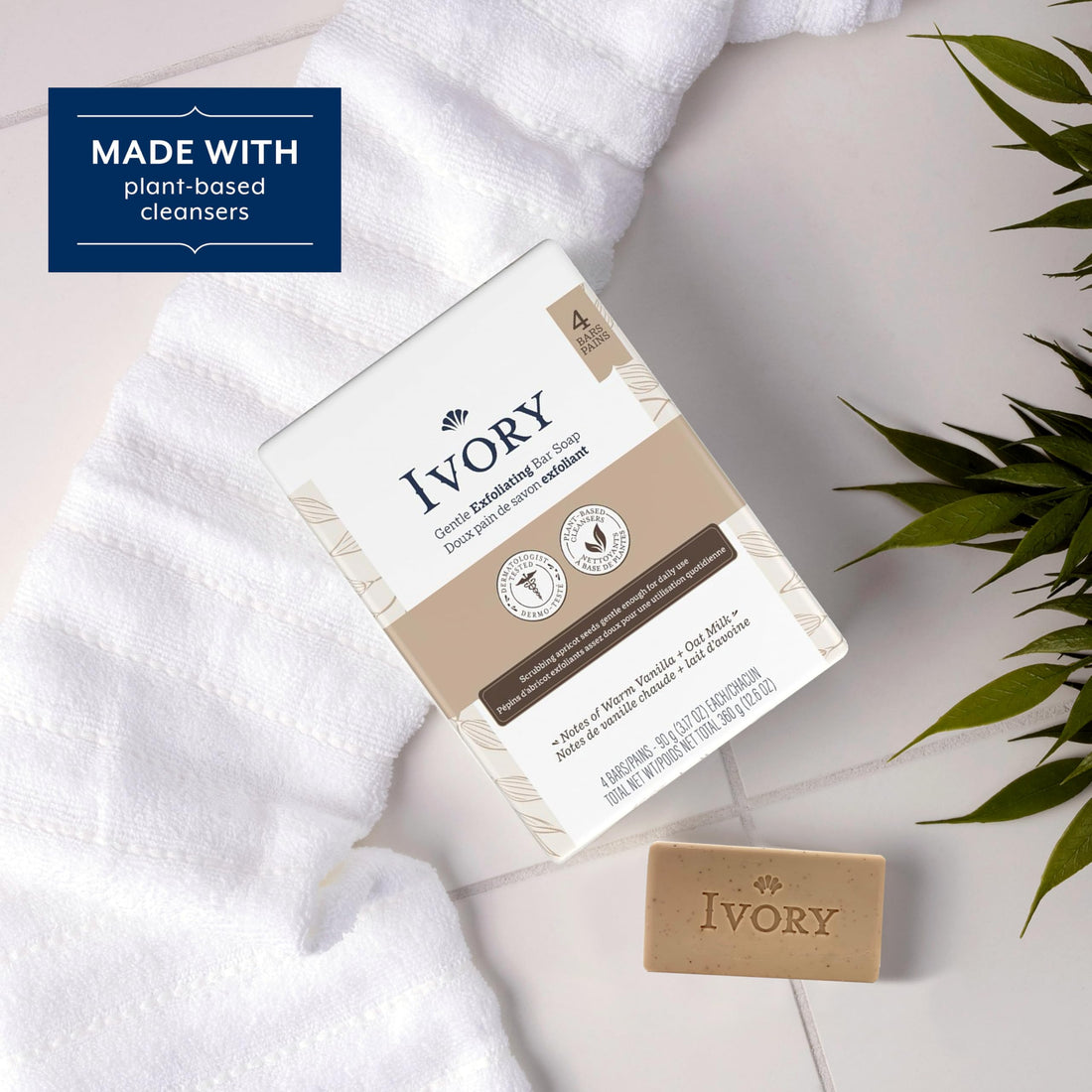 Ivory Exfoliating Bath Bar Soap, Designed for Whole Family with Plant-Based Cleansers, Made Without Heavy Perfumes, Parabens or Phthalates, Warm Vanilla + Oat Milk Scent, 3.17 oz (4 Count)