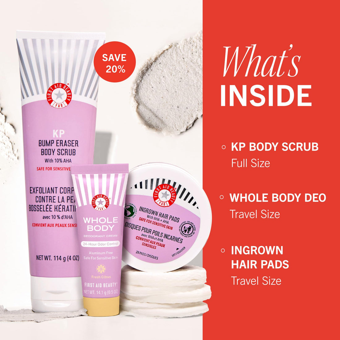 First Aid Beauty Smooth + Fresh Body Kit - Skin Care Gift Set with KP Bump Eraser Body Scrub, Whole Body Deodorant & Ingrown Hair Pads - Travel Friendly Skincare Set