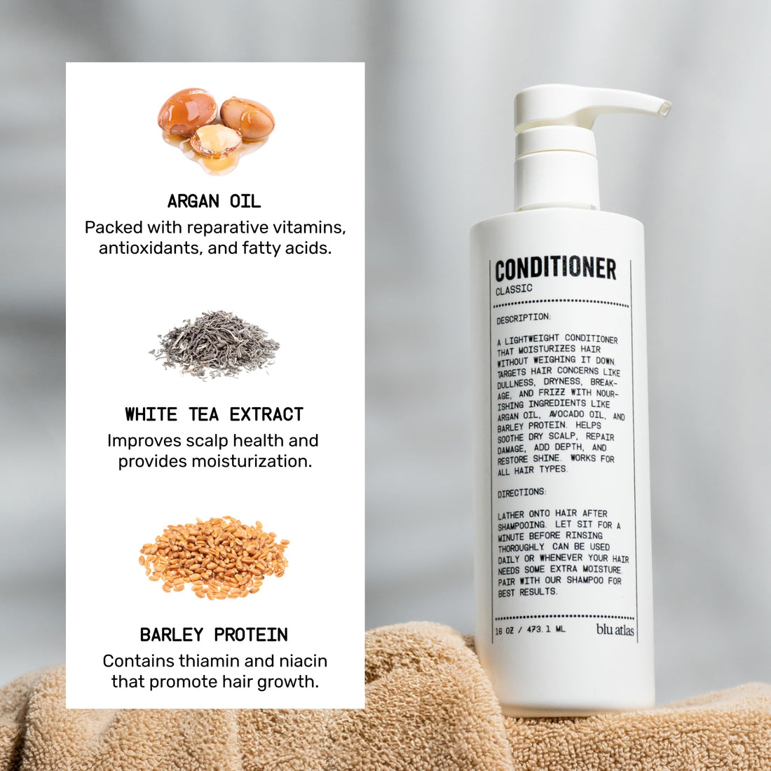 Blu Atlas Men's Natural Conditioner - For All Hair Types - Deep Moisturizing and Scalp Soothing, Vegan Sulfate and Paraben-Free- Classic Scent, 16 oz.