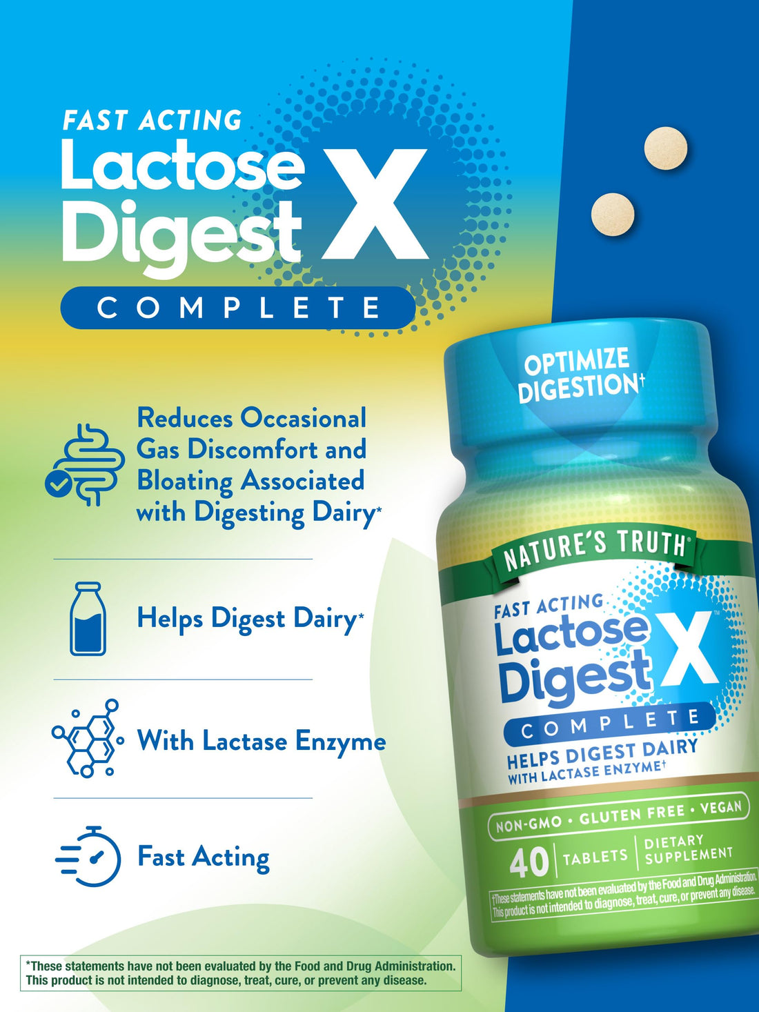 Nature's Truth Lactose Digest Tablets | 40 Pills | with Lactase Enzyme | Vegan, Non-GMO & Gluten Free Supplement