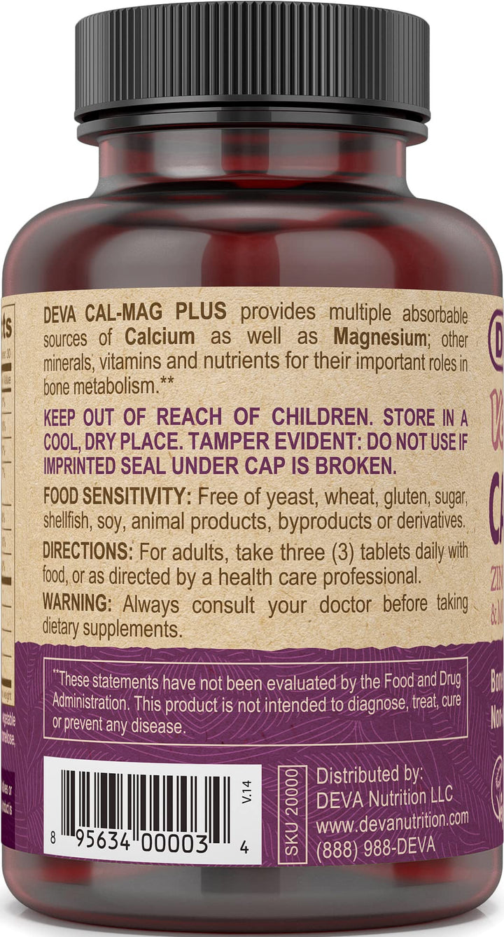 DEVA Vegan Cal MAG Plus Supplement with Calcium, Magnesium, Zinc, Boron, Vitamin C, D & K, 90 Tablets, 1-Pack