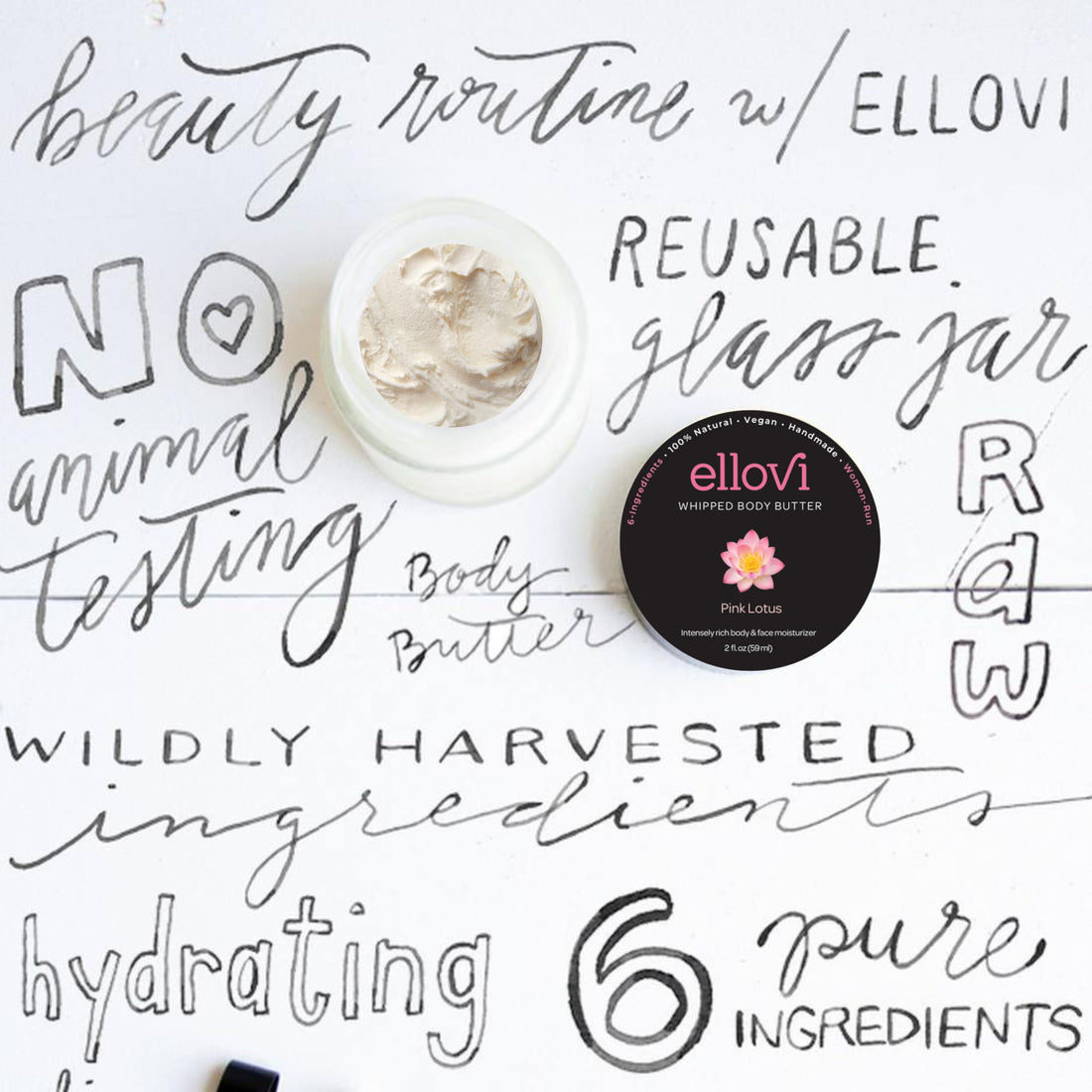 Ellovi All-Natural Luxuriously Whipped Body Butter - Pure Enough to Eat - Made With Just 6 Vegan Ingredients - Plant-Based Moisturizer For Naturally Healthy Skin (Pink Lotus, 2 Fl Oz (Pack of 1))