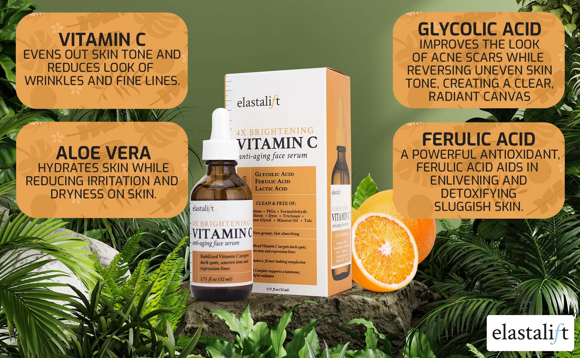 Bonus size 1.75 fl oz Elastalift Vitamin C Serum for Age Spots, Wrinkles, Expression Lines. Anti-Aging Serum w/Vitamin C & Hyaluronic Acid brightens skin & helps promote a healthier skin complexion