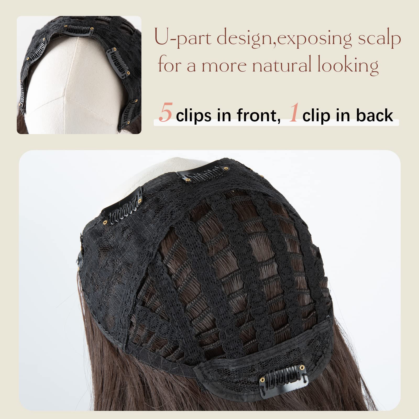 SARLA Clip in U Part Hair Extensions Synthetic Long Wavy Curly Thick Full Head Hairpiece for Women Black Brown 24 Inch