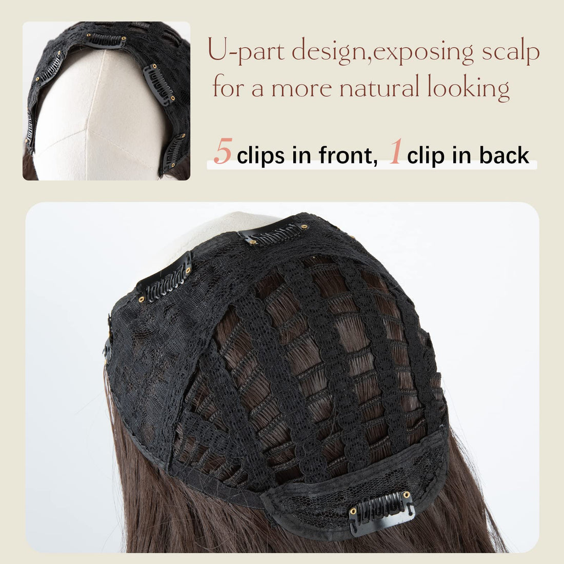 SARLA Clip in U Part Hair Extensions Synthetic Long Wavy Curly Thick Full Head Hairpiece for Women Black Brown 24 Inch