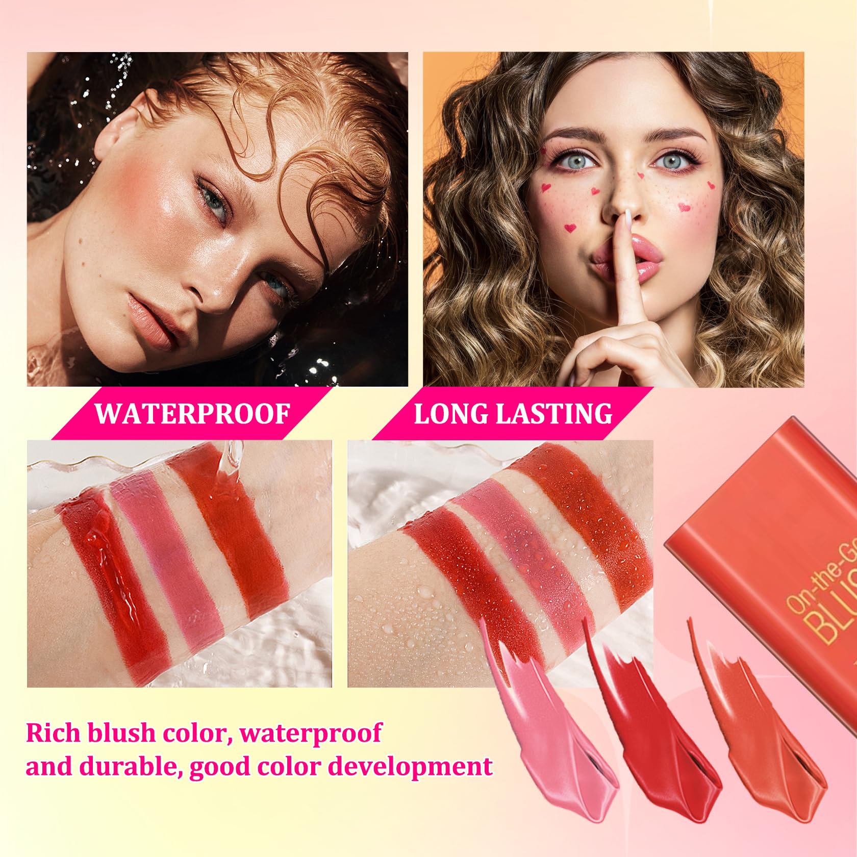 3PCS Blush Stick for Cheeks,Multi-use Solid Matte Makeup Stick Blush Cream for Cheek Eyes and Lips Tint,Moisturizing Tinted Cream Blush,Natural Blendable Cheek Blusher with 3 Makeup Sponges