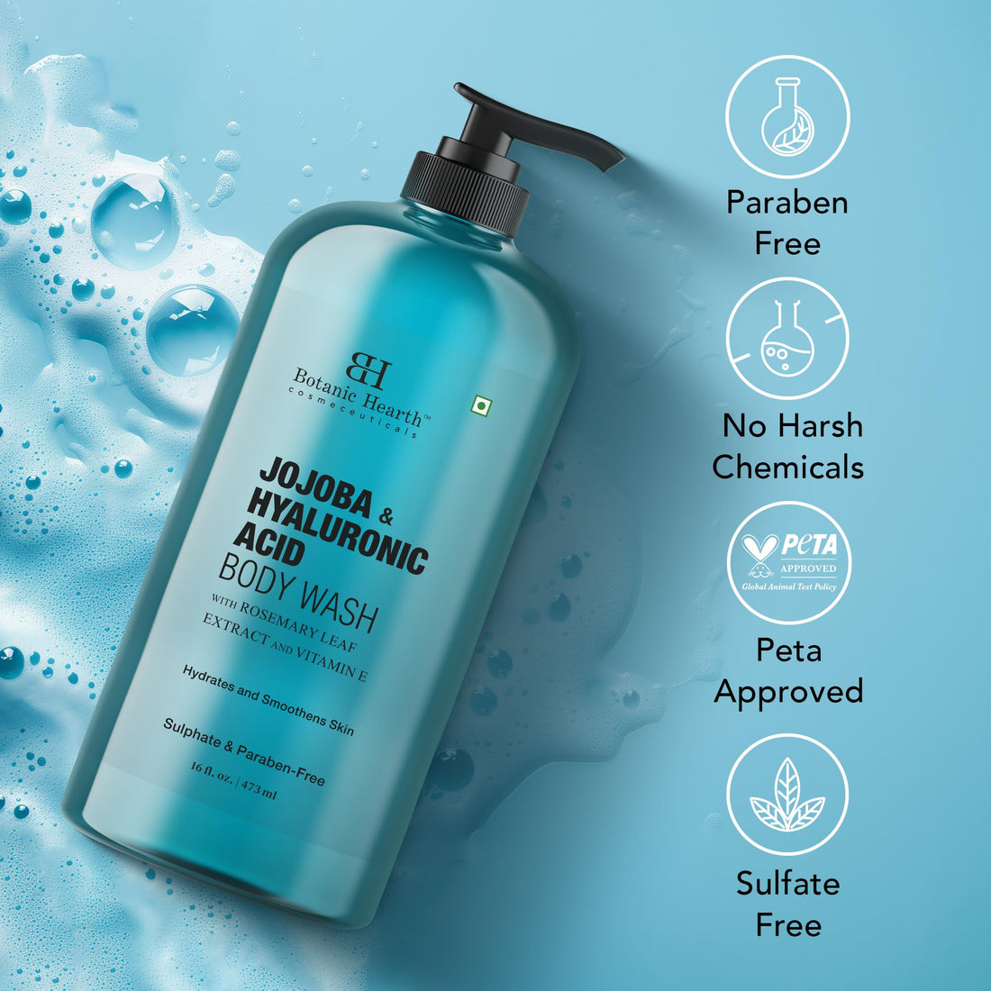 Botanic Hearth Jojoba & Hyaluronic Acid Body Wash 16 fl oz with Sea Butter & Sweet Almond Oil | Moisturizing Body Wash Shower Gel for Softer, Smoother Skin | Sulfate & Paraben Free | for Women & Men