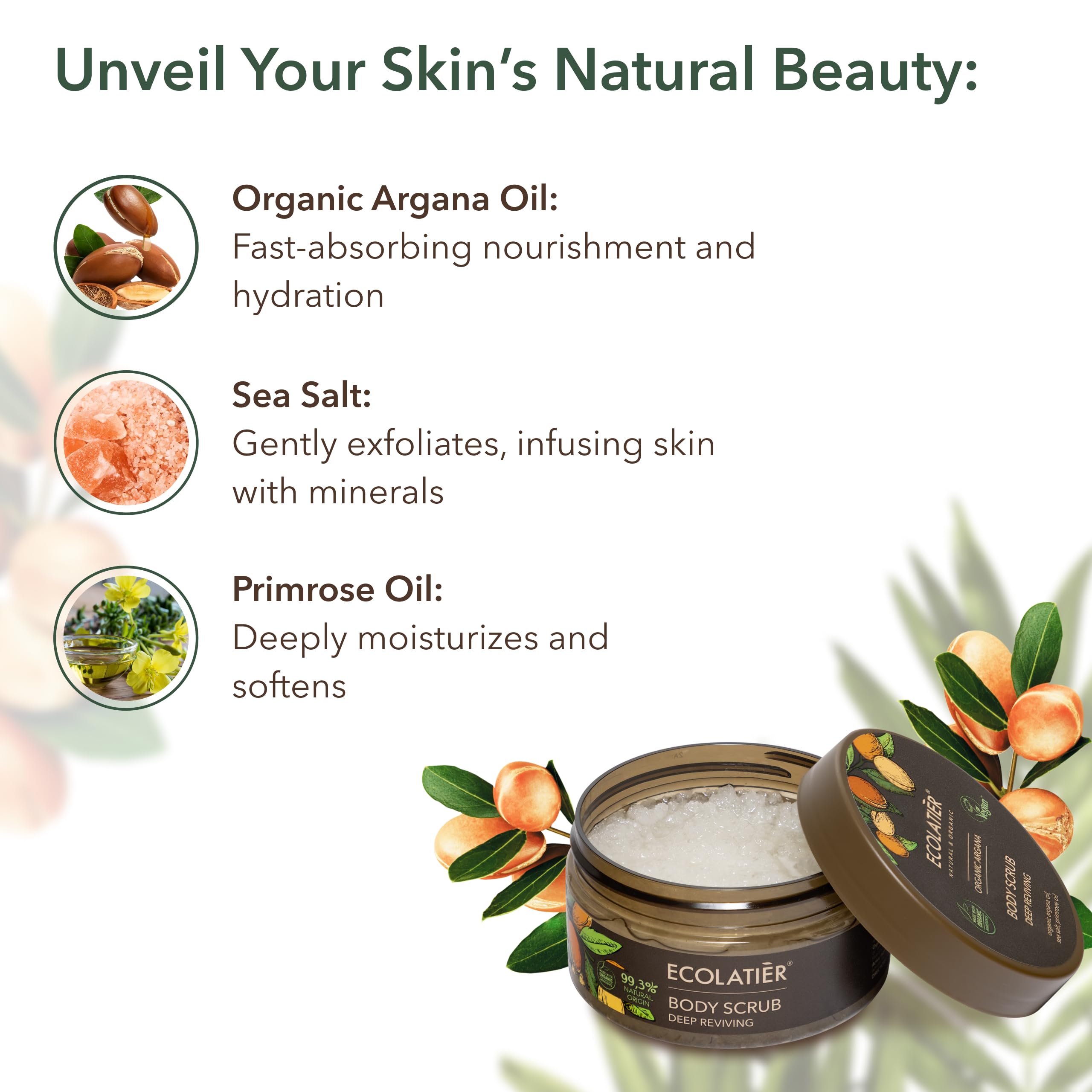 Body Scrub with Organic Argan Oil – Deep Reviving Salt Exfoliating Body Scrub for Women & Men, 99.3% Natural, Vegan, Gentle Hydrating Scrub for Smooth Skin, 8.5 Fl Oz - ECOLATIER