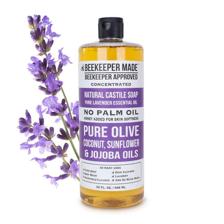 Beekeeper Made Natural Castile Soap, 32 fl oz | No Palm Oil, 8 Ingredients, Pure Olive, Coconut, & Sunflower Oils, GMO Free, For Sensitive Skin, Made in the USA (Lavender)