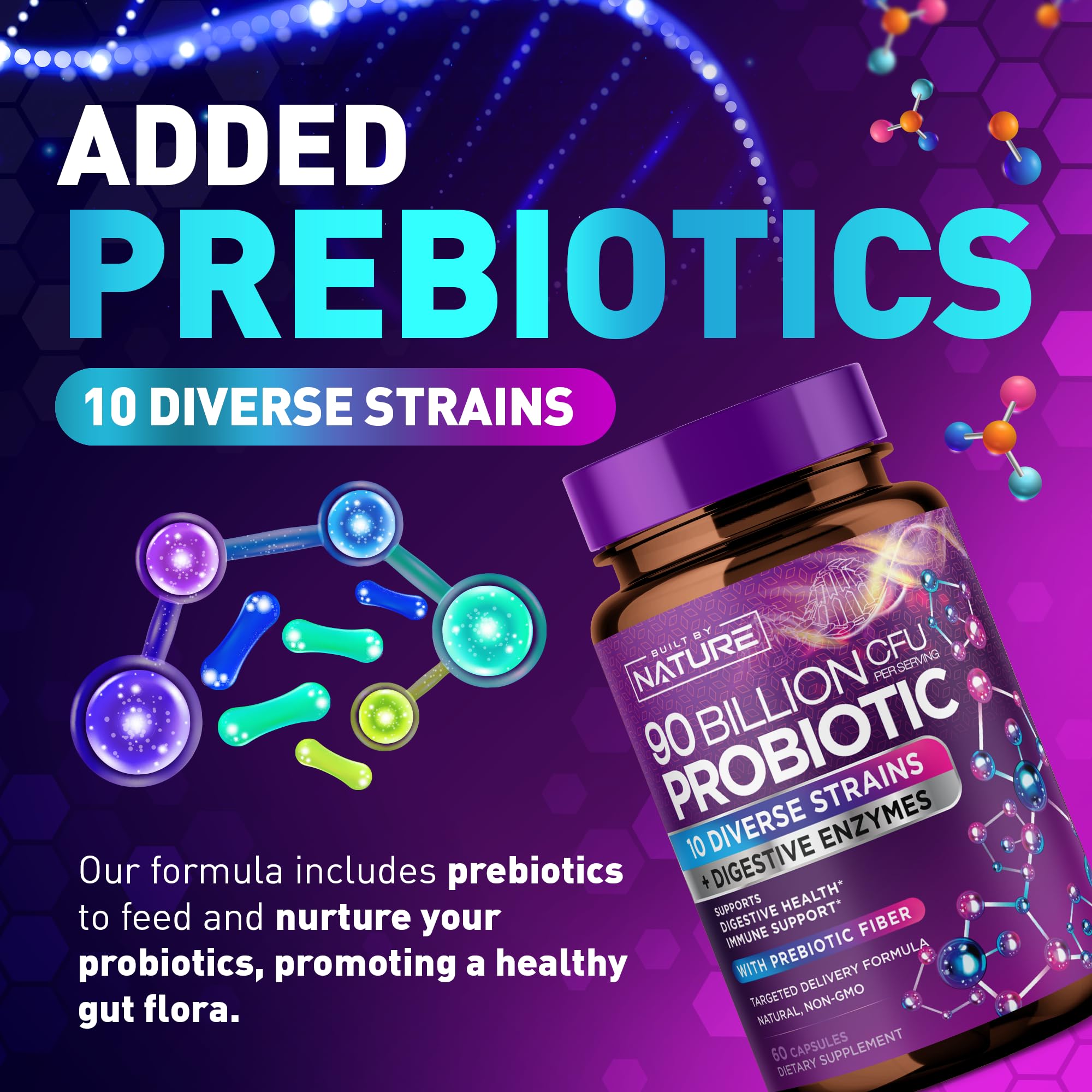 90 Billion CFU Probiotic - Daily Digestive Gut Health Supplement for Men & Women - Lactobacillus acidophilus, Bifidobacterium & Prebiotics - Non-GMO, Gluten & Dairy Free, Shelf-Stable - 60 Capsules