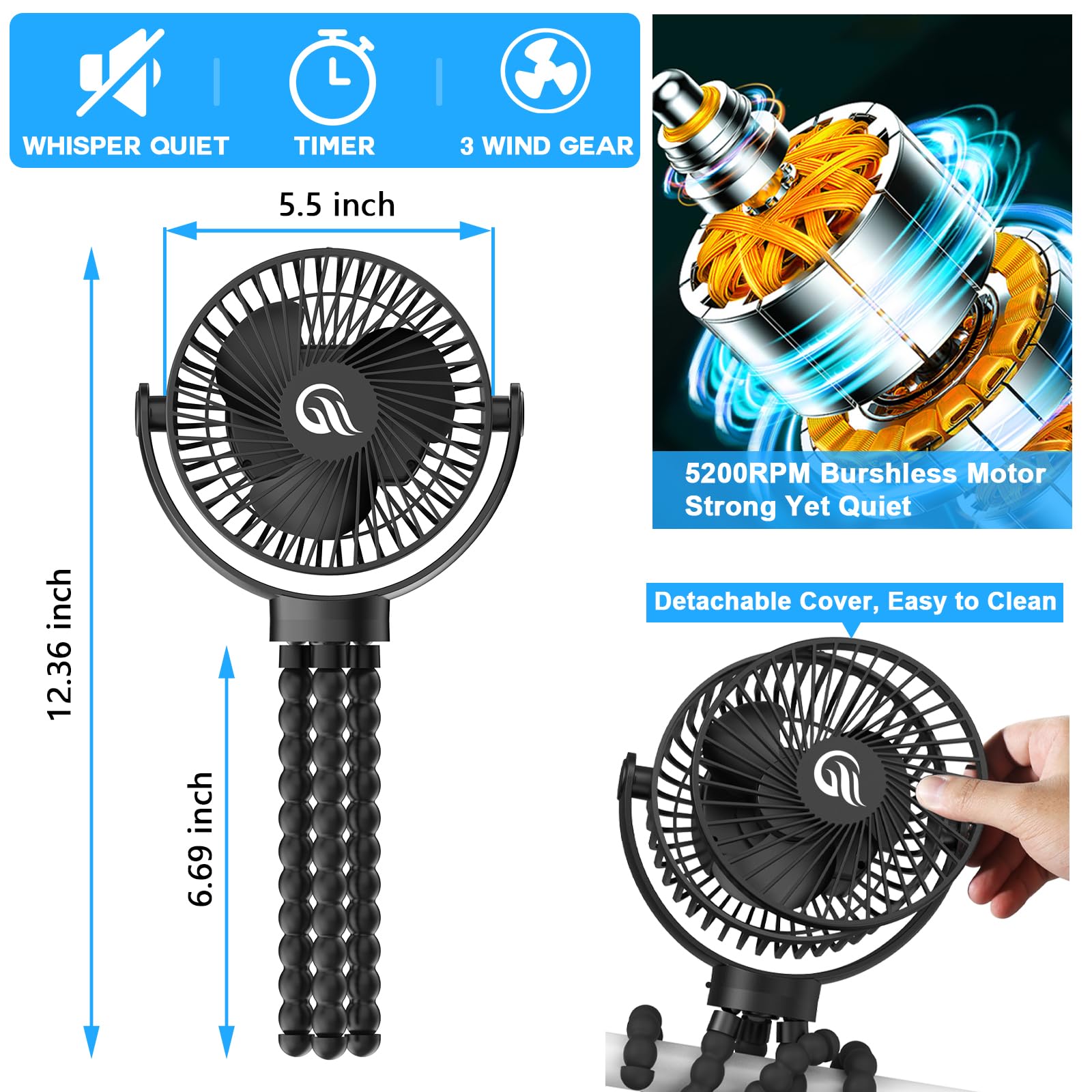 Portable Fan, Stroller Fan 60Hrs 12000mAh Battery Operated Fans USB Rechargeable Small Fan for Bedroom, Desk, Personal Handheld, Clip on Fan for Baby Stroller, Travel, Car Seat, Peloton, Bed, Camping