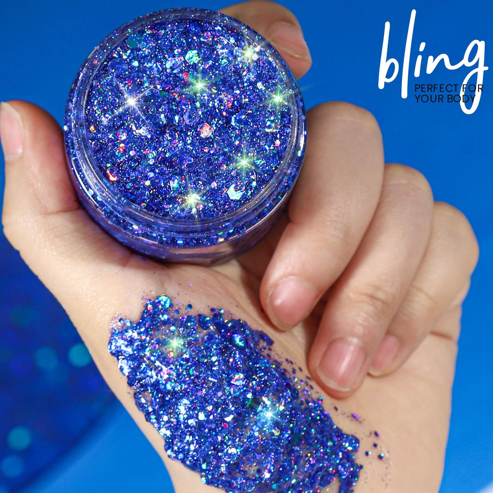 Teenitor Blue Body Glitter, Face Glitters, Body Glitter Gel, Hair Glitter Gel, 80g/2.8oz Holographic Blue Glitter Makeup for Face Body Hair