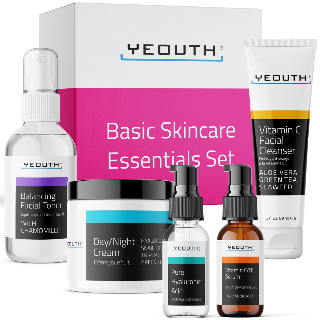 Anti-aging Kit Twenties - YEOUTH 5 Pack Anti aging Beauty Gift Set - Vitamin C Facial Cleanser - Balancing Toner for Face - Vitamin C & E Serum for Skin - Day Night Snail Cream Moisturizer