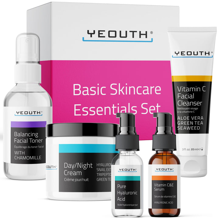 Anti-aging Kit Twenties - YEOUTH 5 Pack Anti aging Beauty Gift Set - Vitamin C Facial Cleanser - Balancing Toner for Face - Vitamin C & E Serum for Skin - Day Night Snail Cream Moisturizer